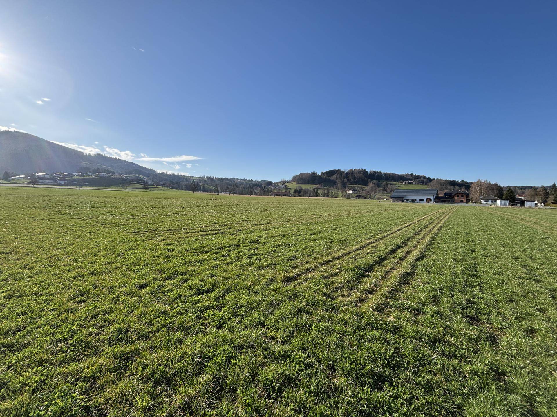 Sonniges, weites Grünland mit ländlicher Bebauung und bewaldeten Hügeln im Hintergrund unter klarem Himmel.