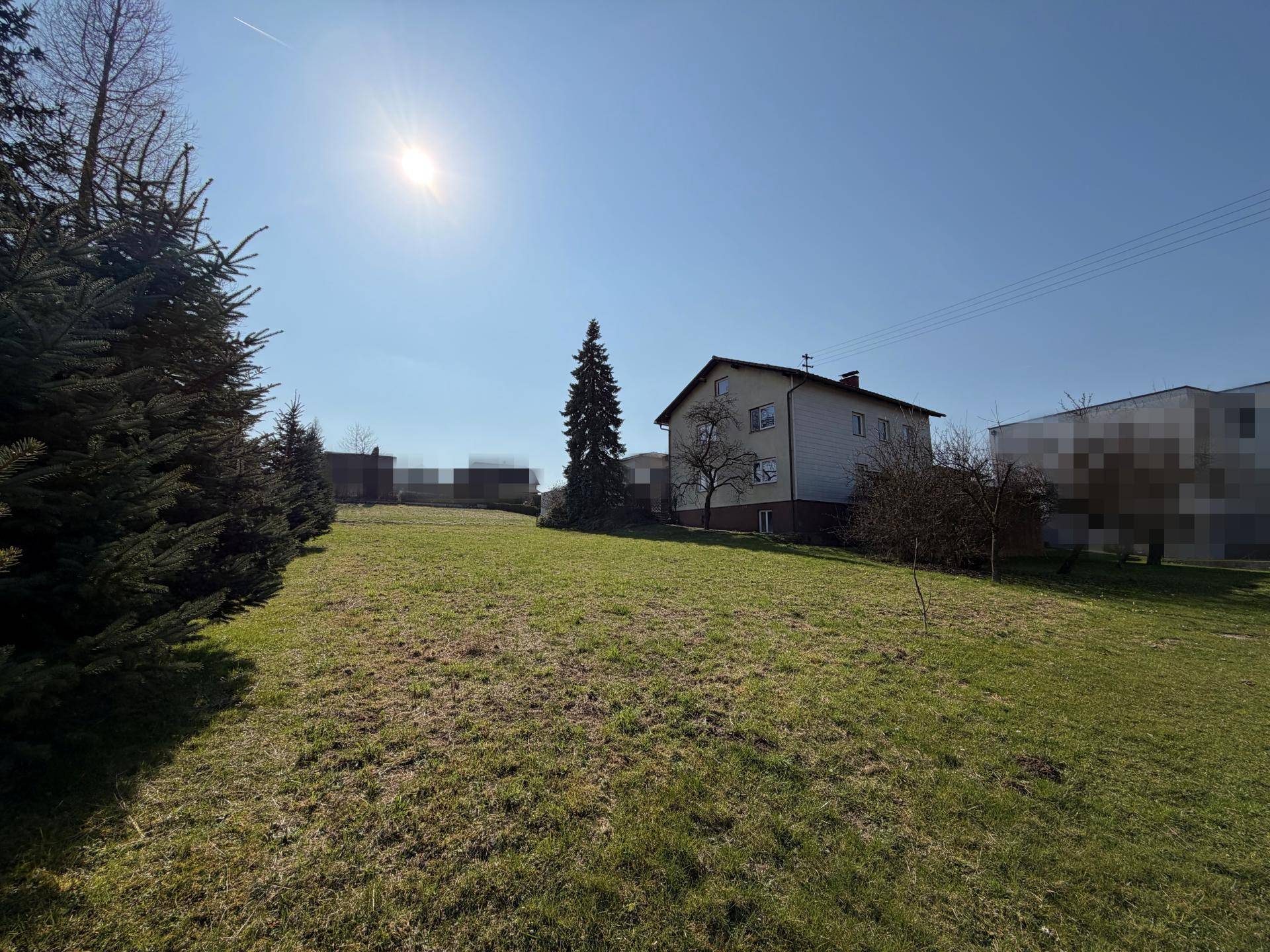 Weitläufige Grünfläche mit Bäumen und einem Wohnhaus unter strahlendem Sonnenschein.