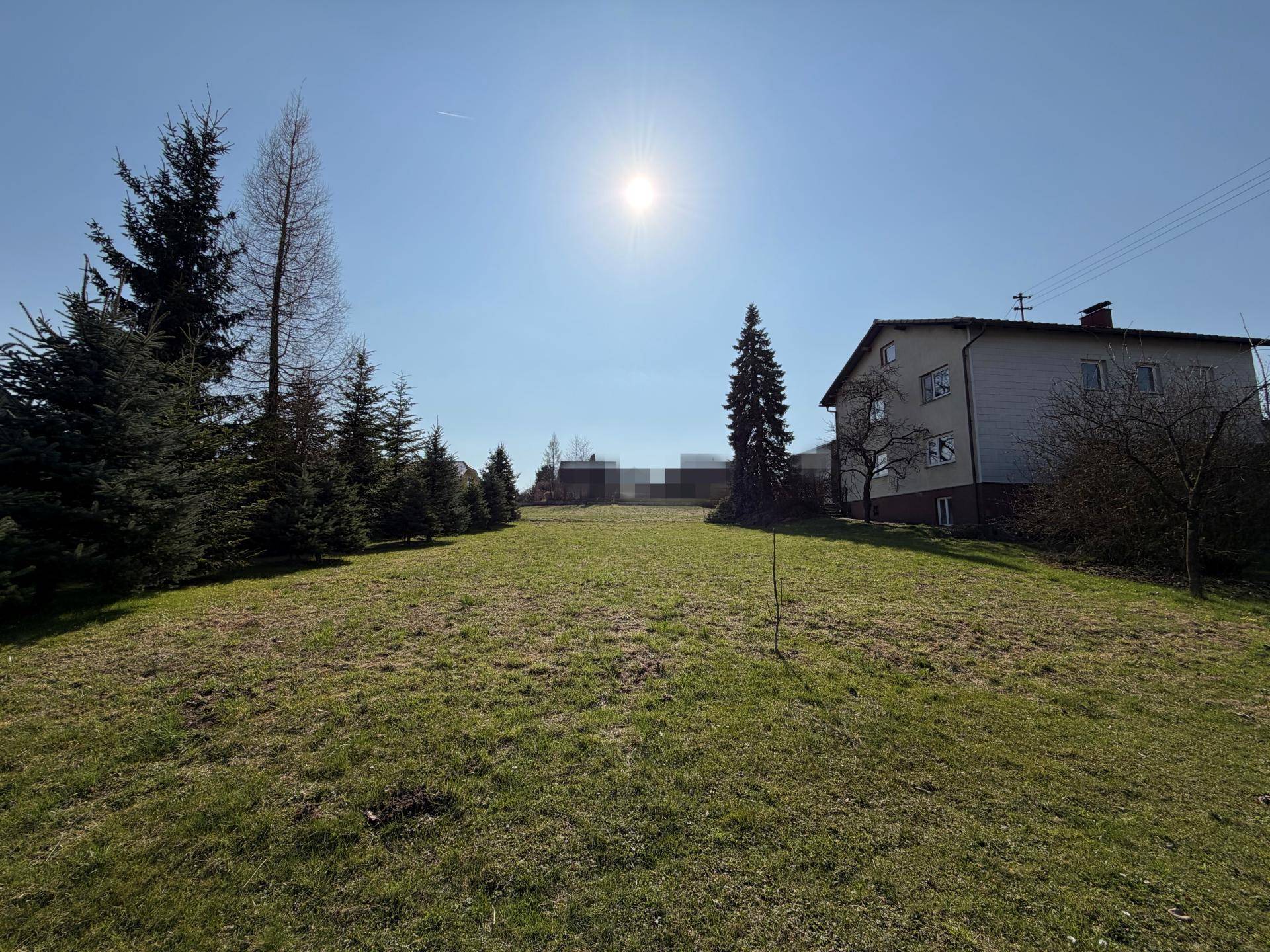 Sonnige Rasenfläche auf einem Hanggrundstück mit einem Wohnhaus im Hintergrund.