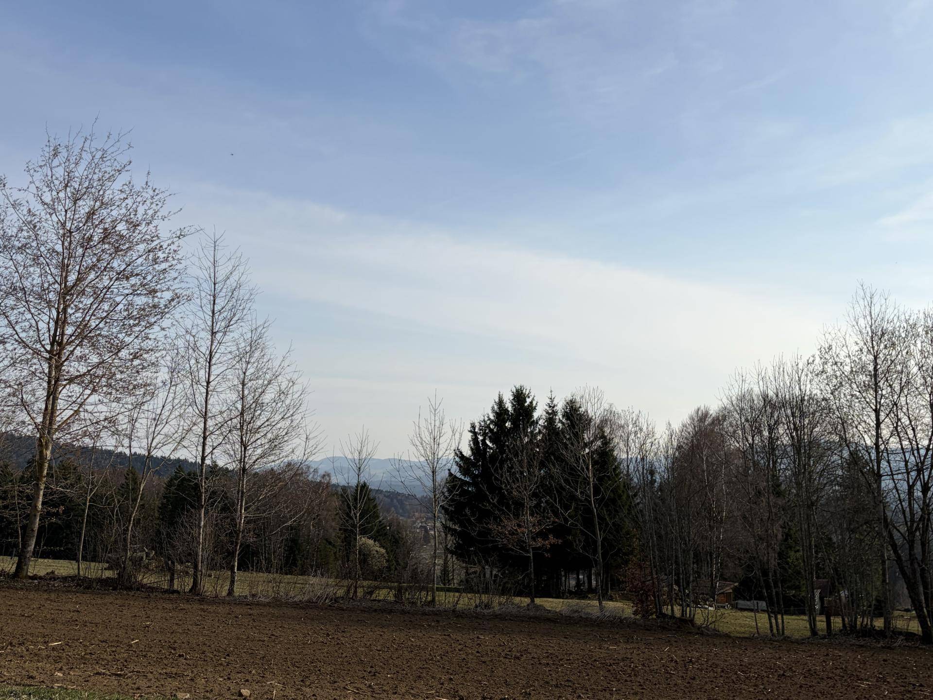Weitläufiger Blick über Felder und Wälder mit Bergen am Horizont unter blauem Himmel.
