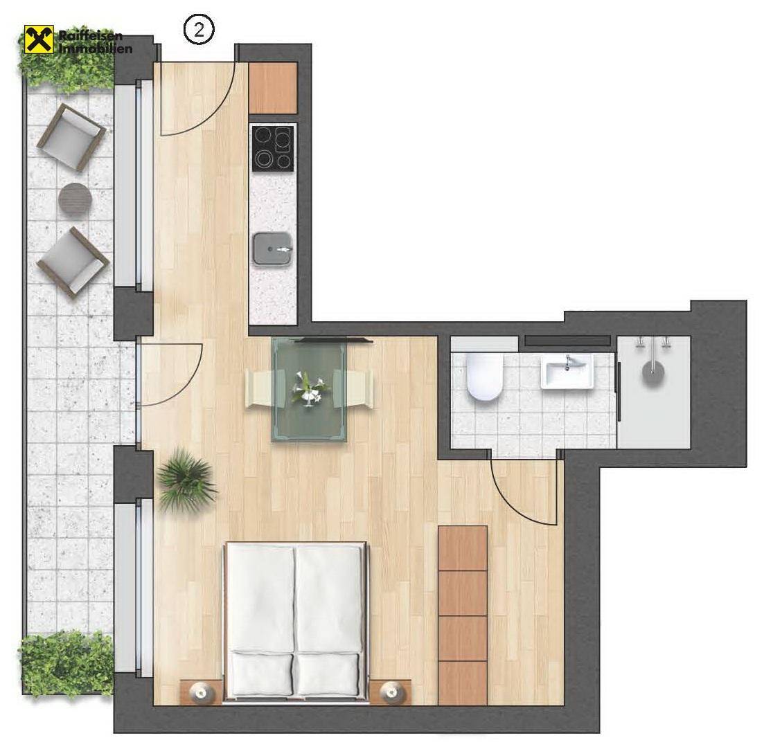 Grundriss einer Wohnung mit Schlafzimmer, offener Küche, Bad und Balkon.