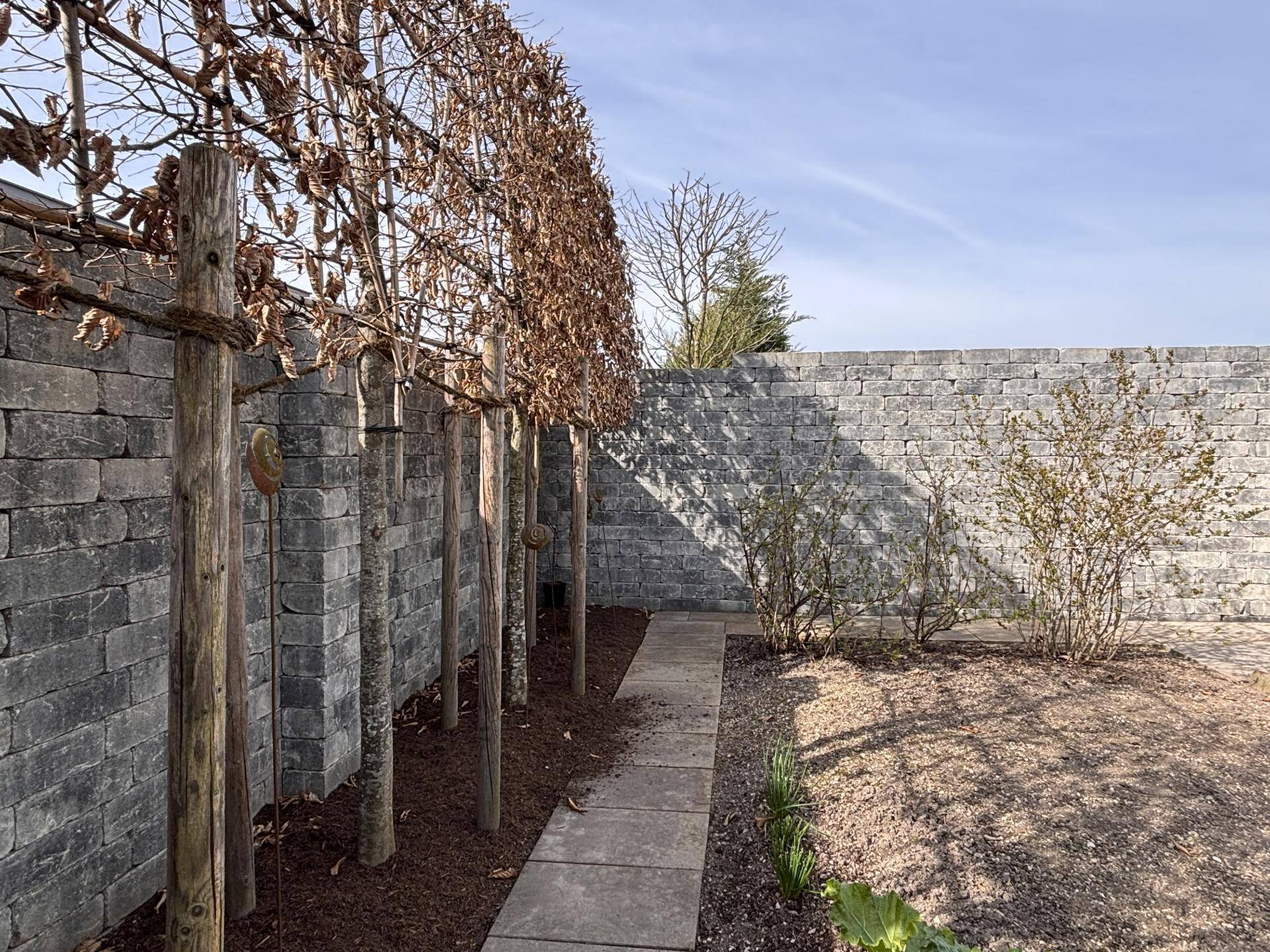 Gartenmauer aus Naturstein mit bepflanztem Beet, Spalierbäumen und Gehweg.