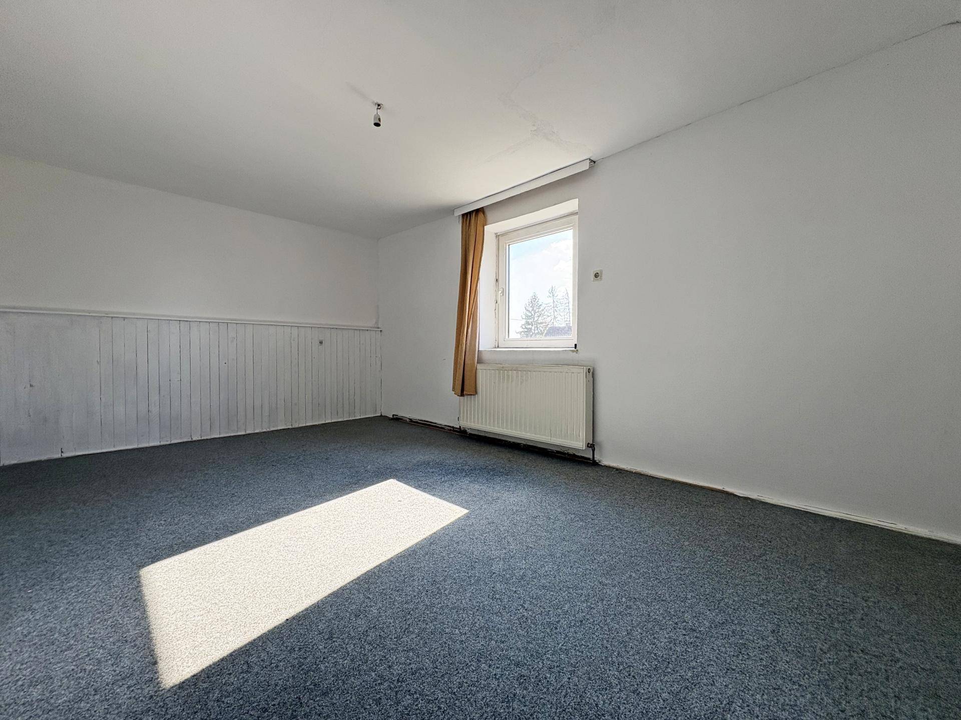 Geräumiges Zimmer mit blauem Teppichboden und einem Fenster, das den Raum erhellt.