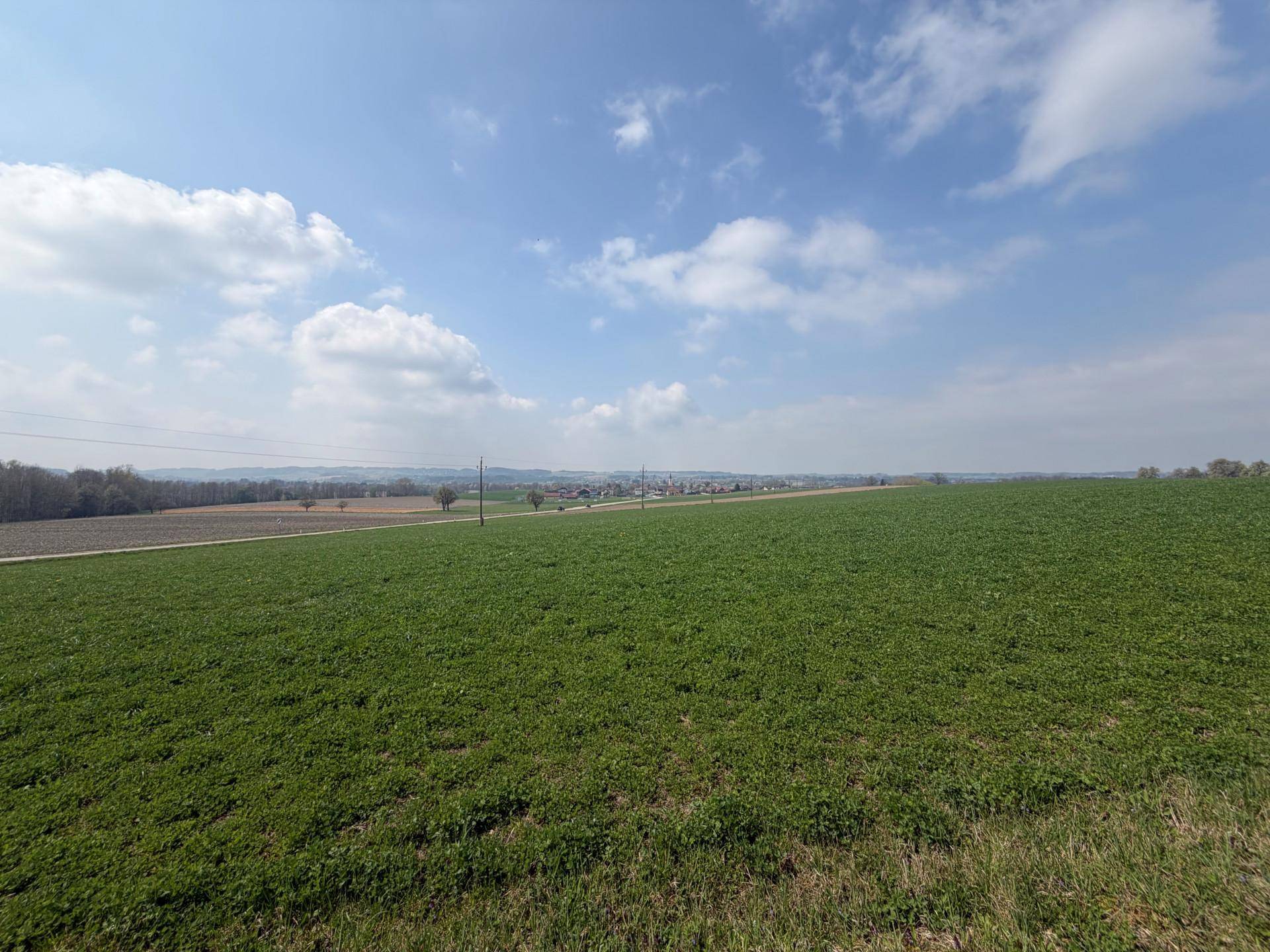 Weitläufige Landschaft mit grünen Feldern, Stromleitungen und einem Dorf in der Ferne.