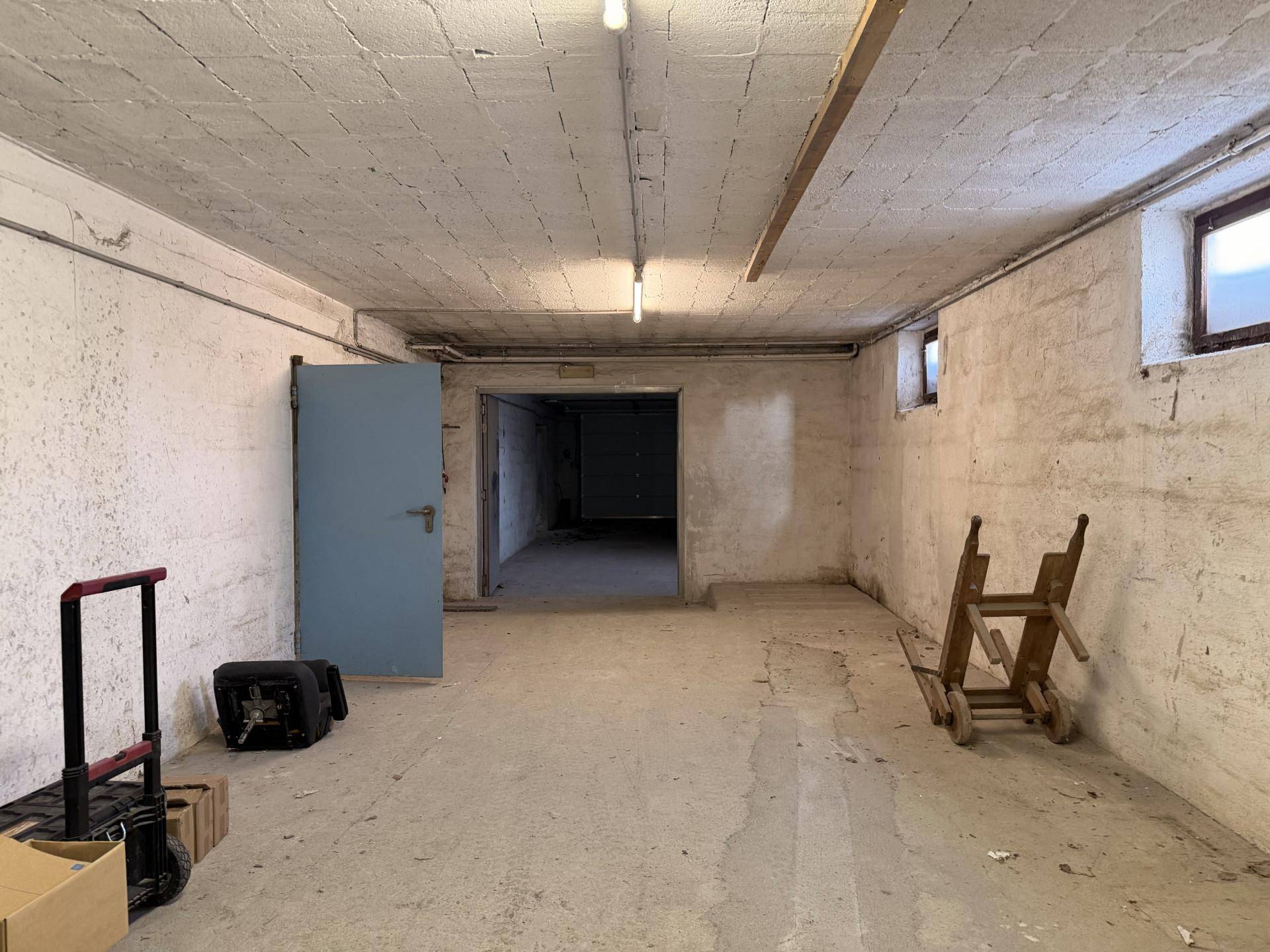 Kellerraum mit Betonboden, blauer Tür und kleinen Fenstern für Belüftung.