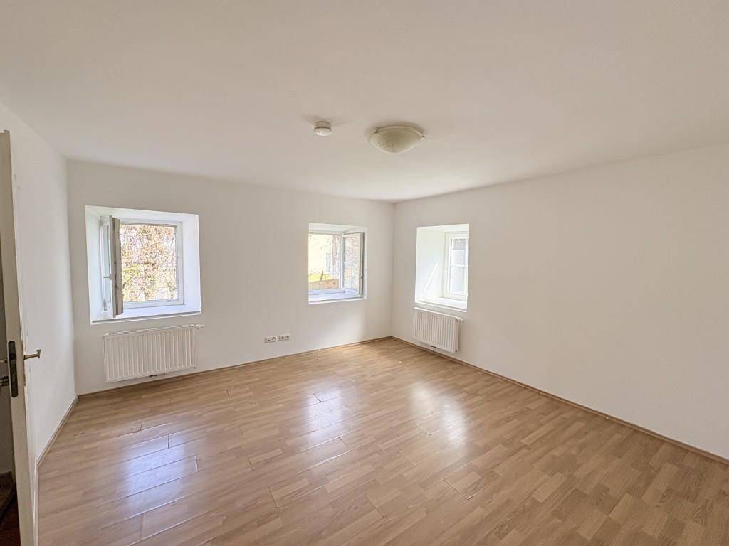 Geräumiger, heller Raum mit Holzboden und weißen Wänden, bereit zur Einrichtung.