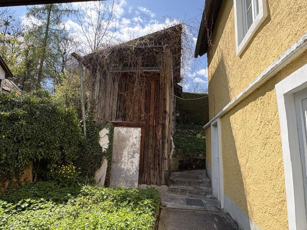 Rustikaler Holzschuppen im Garten, umgeben von üppigem Grün neben dem Haupthaus.