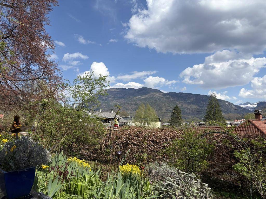 Blühender Gartenbereich mit vielfältigen Pflanzen und einem weiten Blick auf die umliegenden Berge unter blauem Himmel.