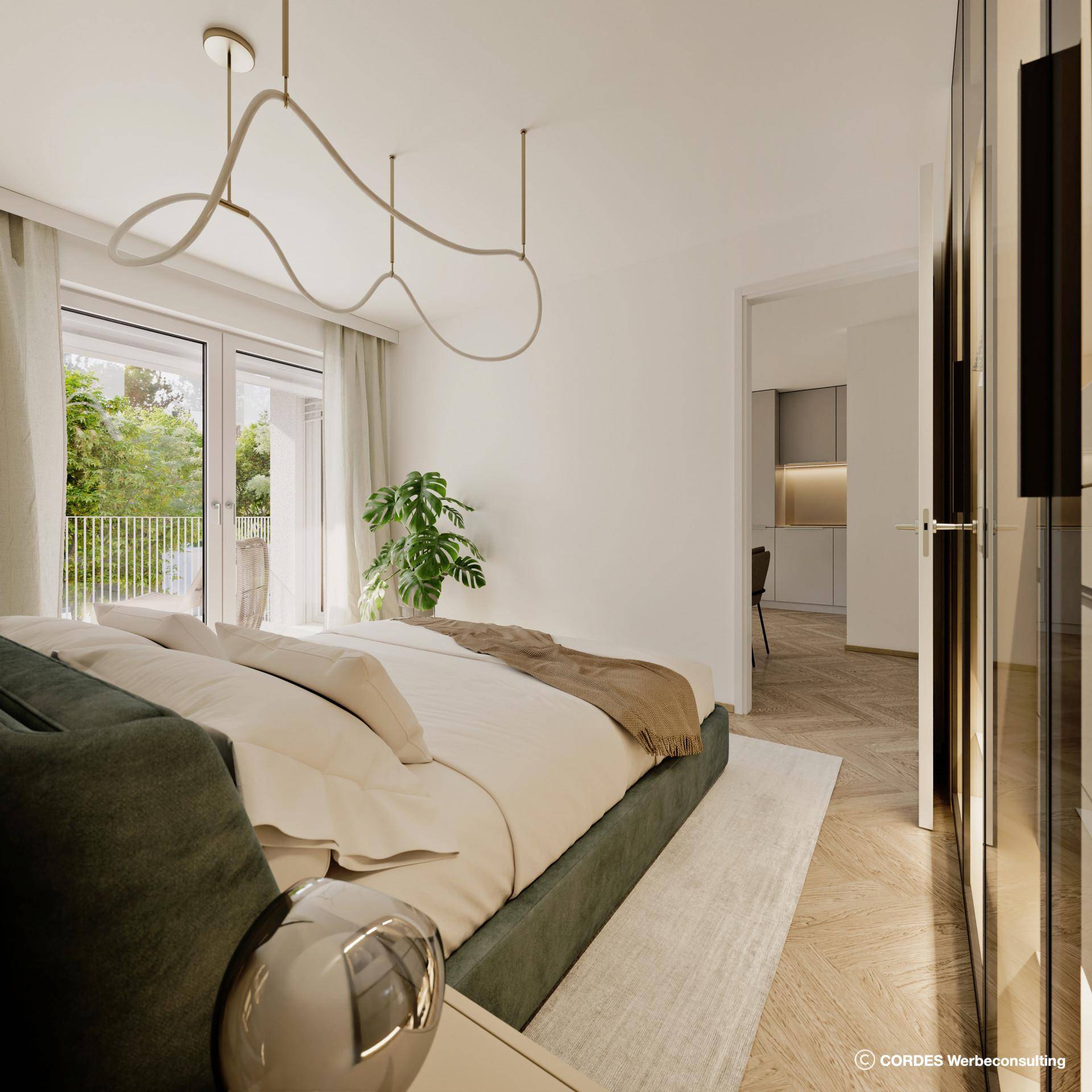 Helles Schlafzimmer mit modernem Bett, Parkettboden und Zugang zu einem Balkon.
