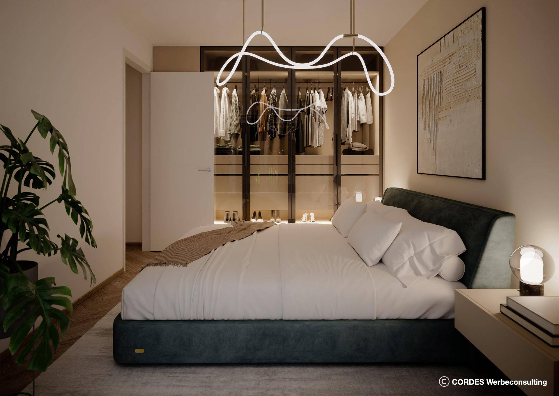 Modernes Schlafzimmer mit großem Bett und offenem Ankleidebereich mit integrierten Schränken.