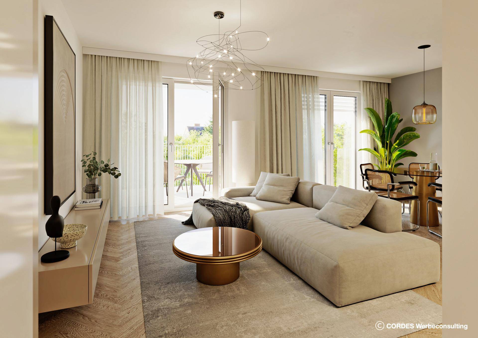 Heller Wohnbereich mit großem Sofa, Parkettboden und Zugang zu einem sonnigen Balkon.