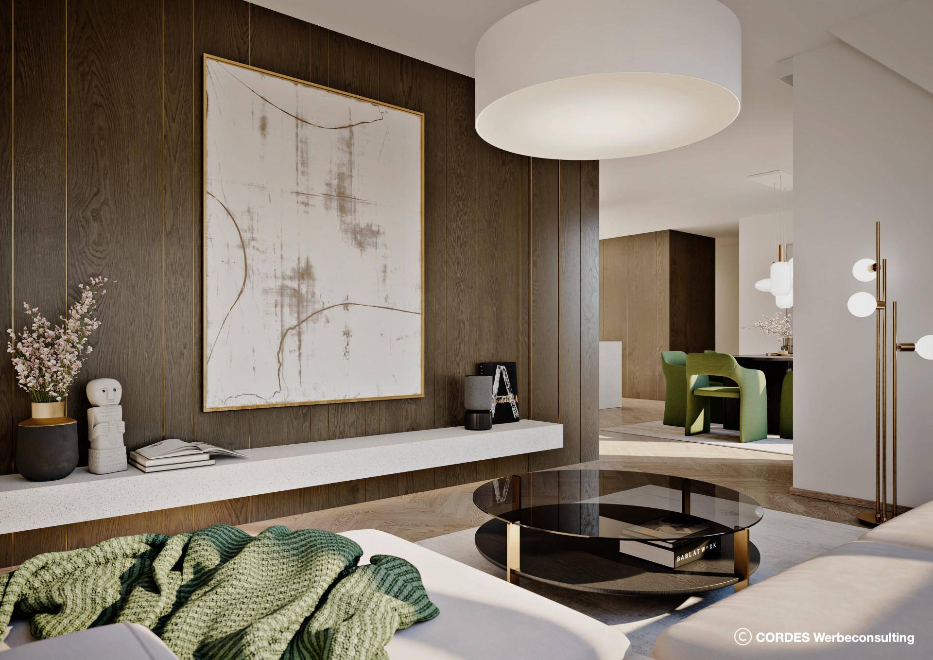 Stilvolles Wohnzimmer mit dunkler Holzwand, modernem Kunstwerk und Blick auf den Essbereich.