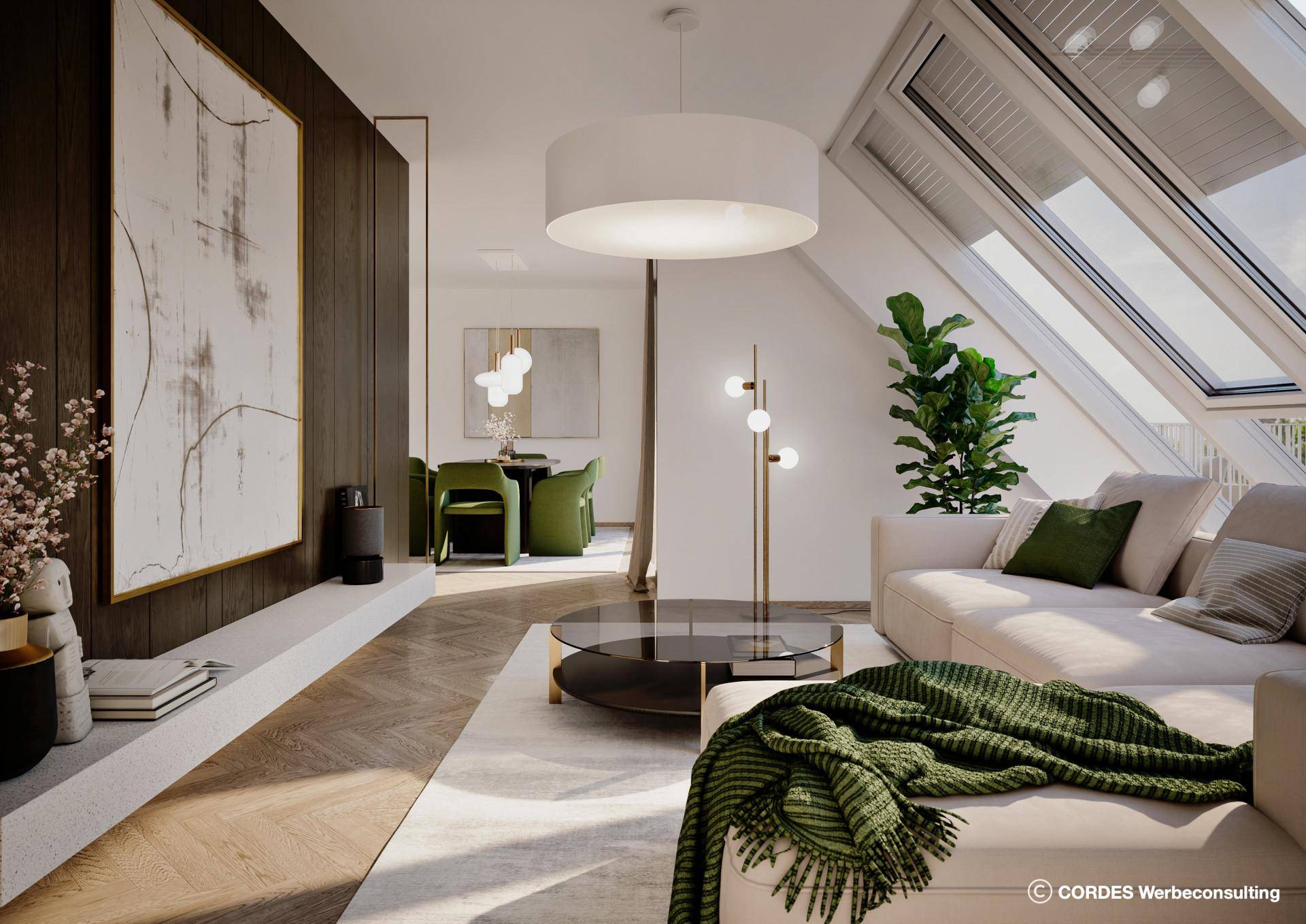 Helles Wohnzimmer im Dachgeschoss mit schrägen Decken, großen Dachfenstern und moderner Einrichtung.