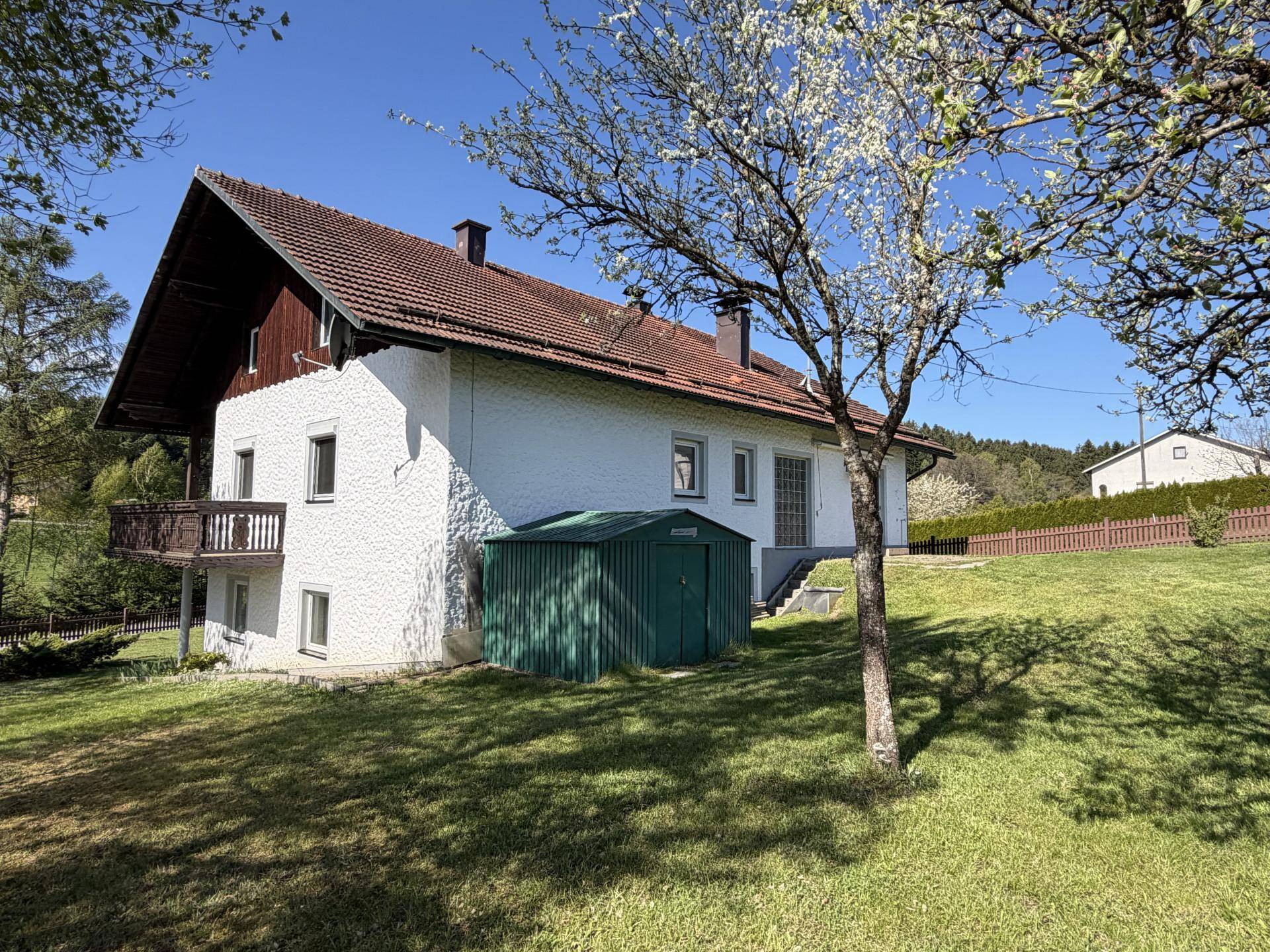 Rückansicht des Hauses mit Garten, Geräteschuppen und blühendem Baum im Frühling.