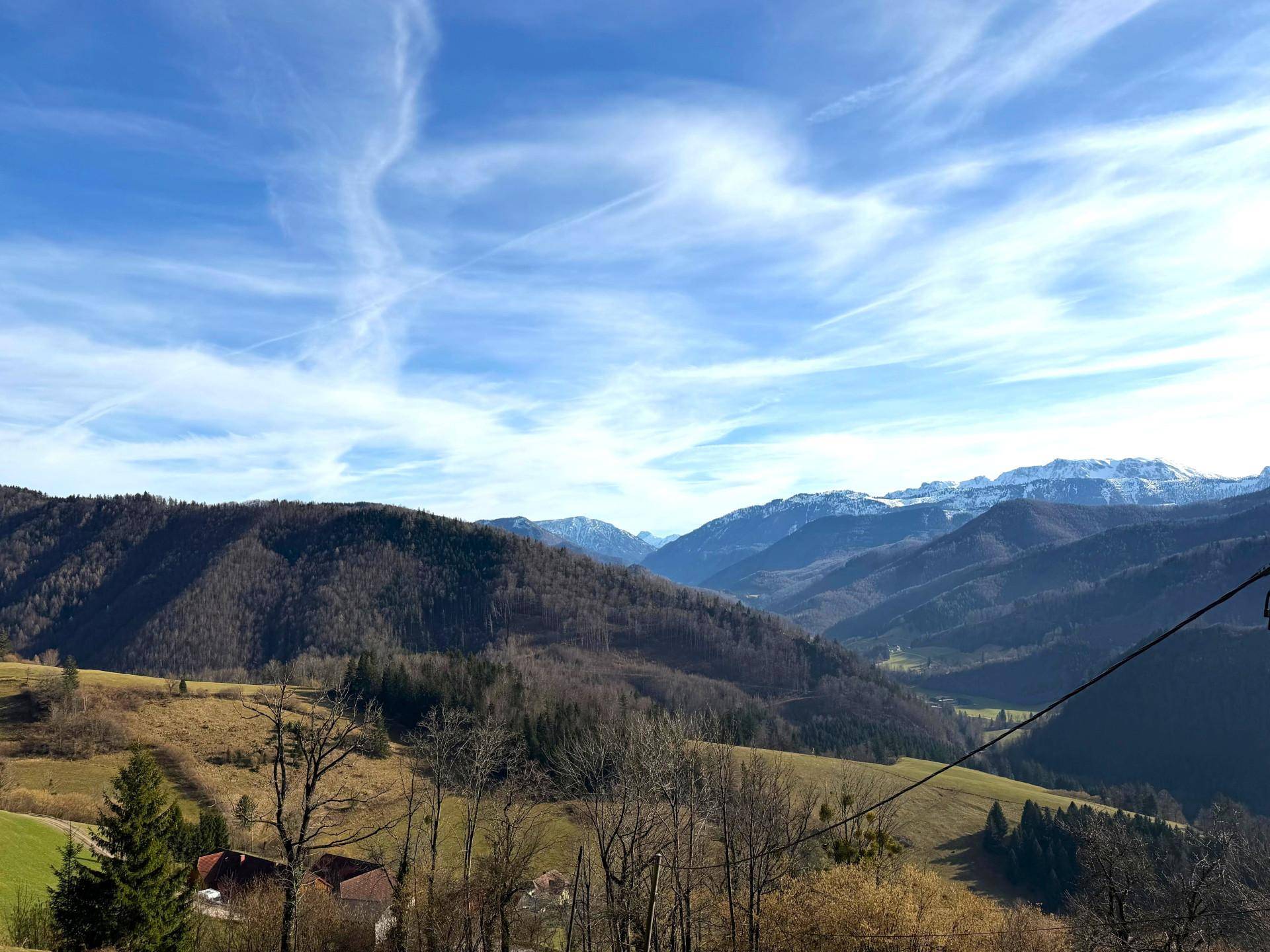 Weitläufiger Panoramablick über bewaldete Hügel und schneebedeckte Berge unter blauem Himmel.