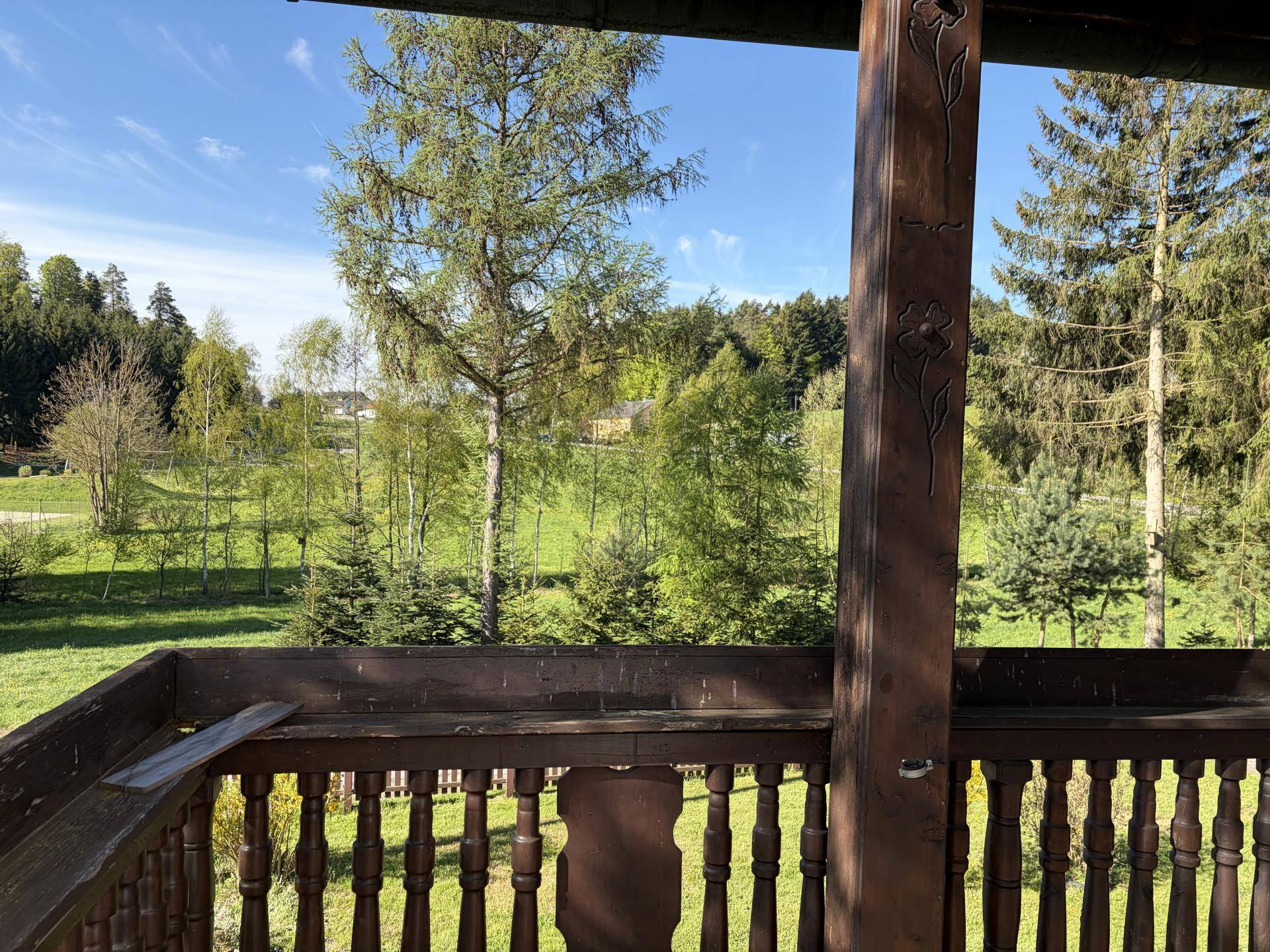 Panoramablick vom Holzbalkon auf die umliegende grüne Landschaft und weite Wälder.