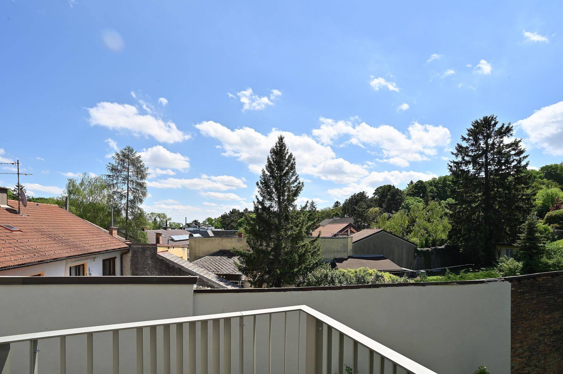 Balkon mit Holzboden und Panoramablick auf die Dächer der Nachbarschaft und grüne Hügel.