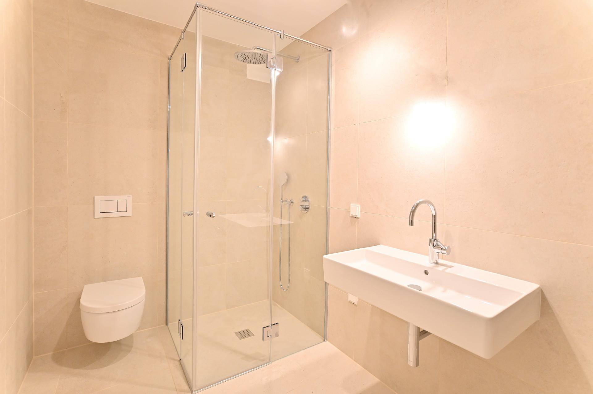Modernes Badezimmer mit wandhängendem WC, begehbarer Dusche und elegantem Waschbecken.