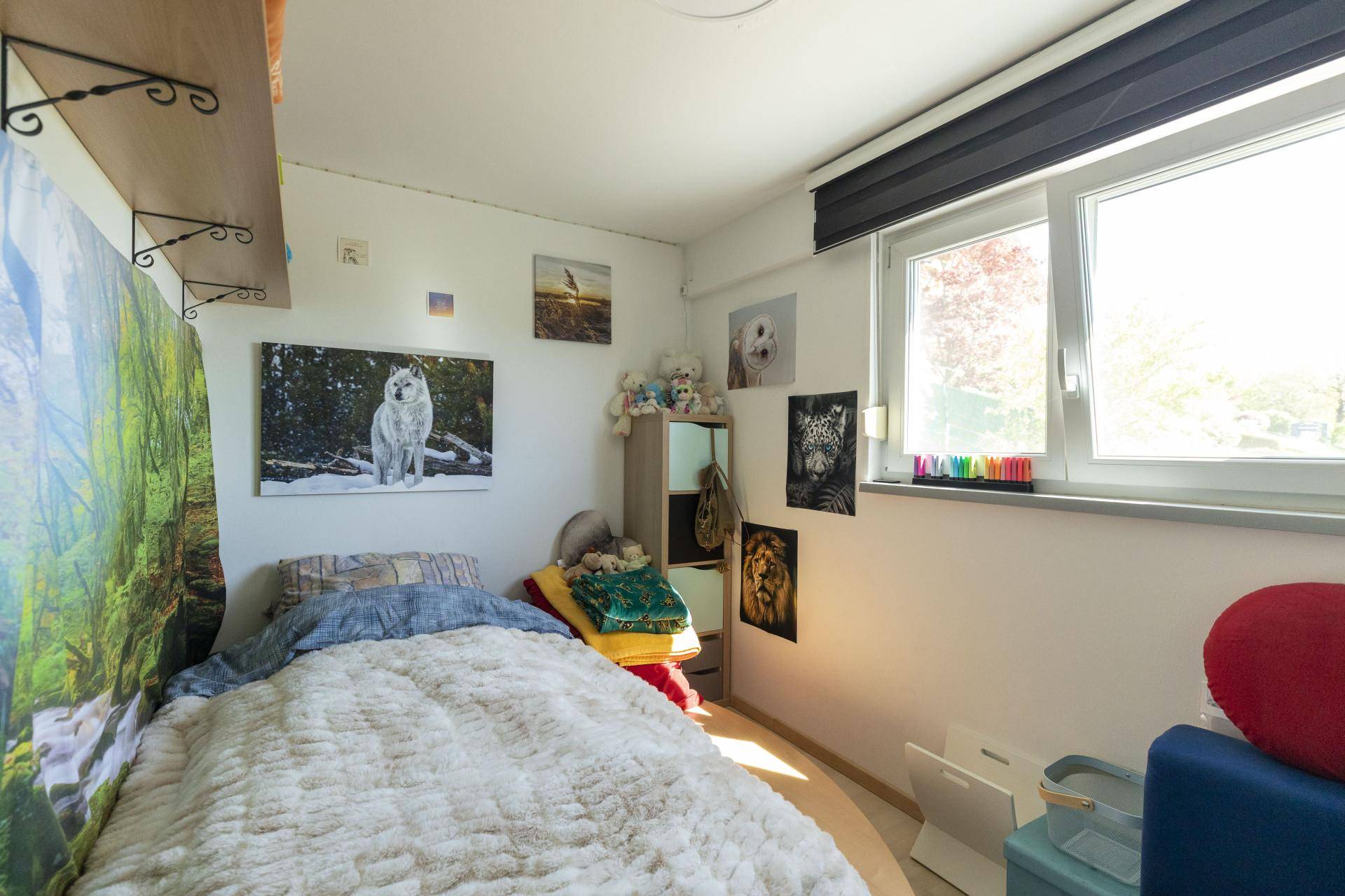 Kinderzimmer mit hellem Fenster, gemütlichem Bett und tierischen Wanddekorationen.