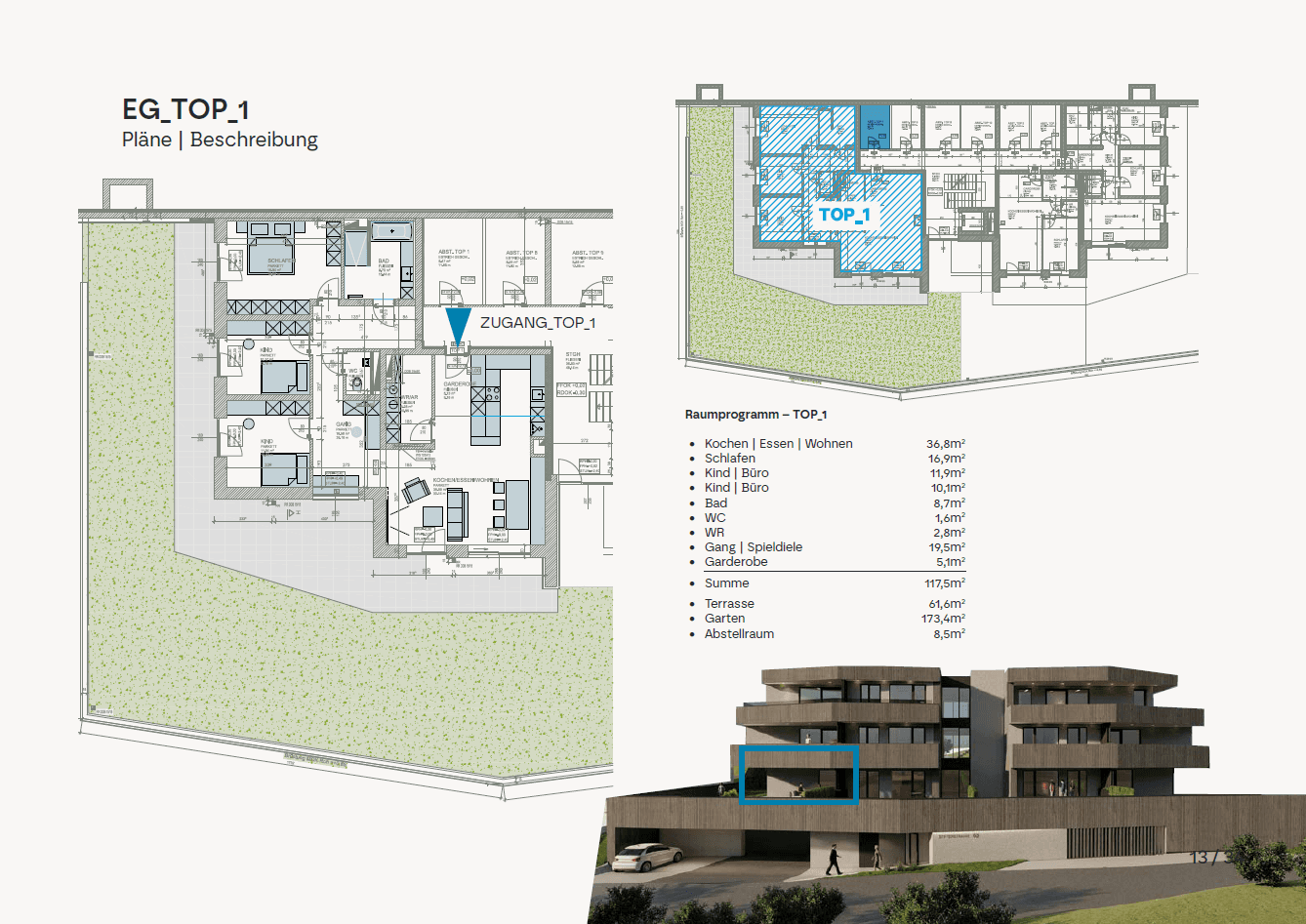 Grundriss der Wohnung TOP_1 mit Raumprogramm und Ansicht des Gebäudes.