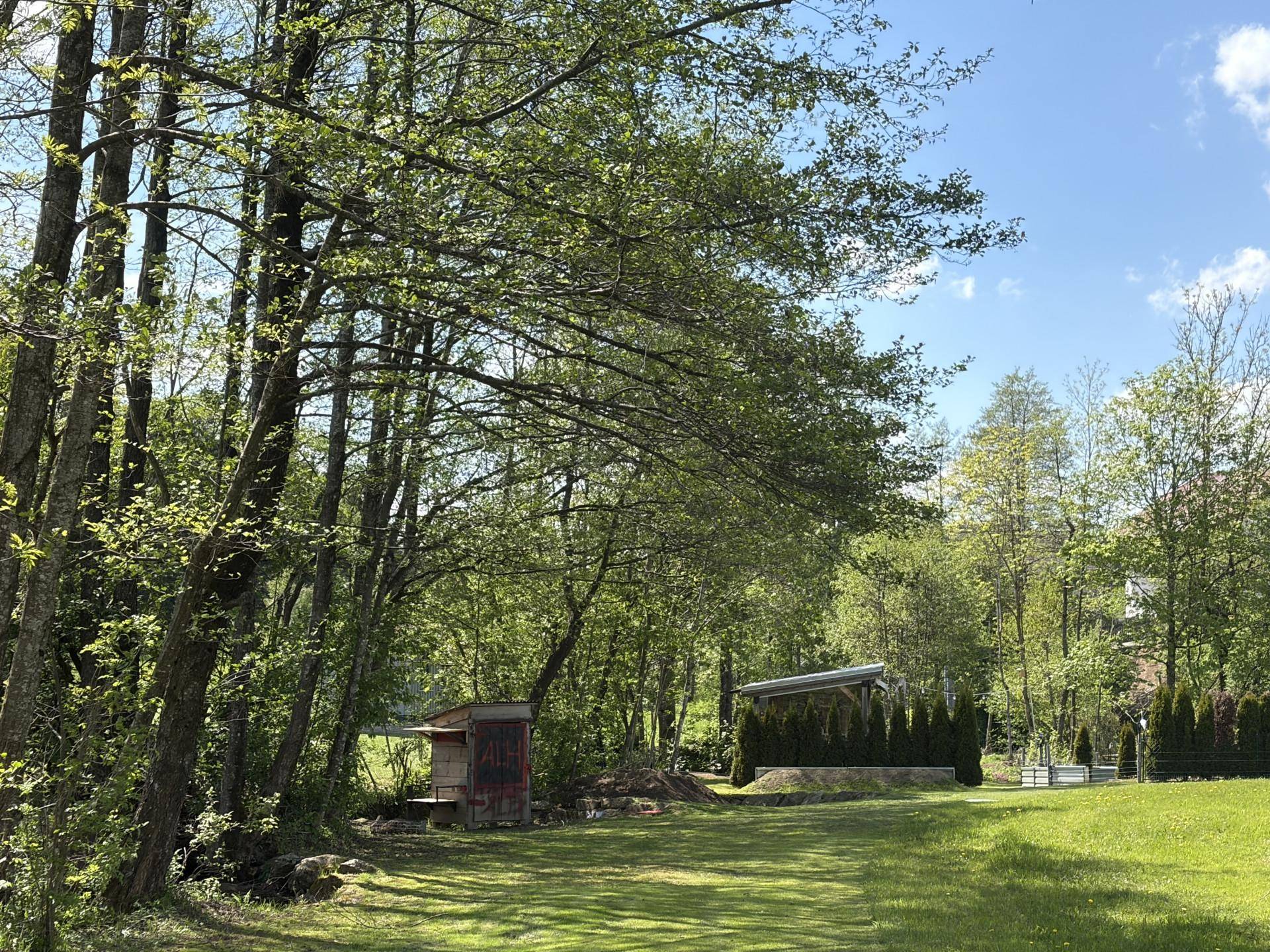 Großer Gartenbereich mit hohen Bäumen, Rasenfläche und kleinen Nebengebäuden unter blauem Himmel.