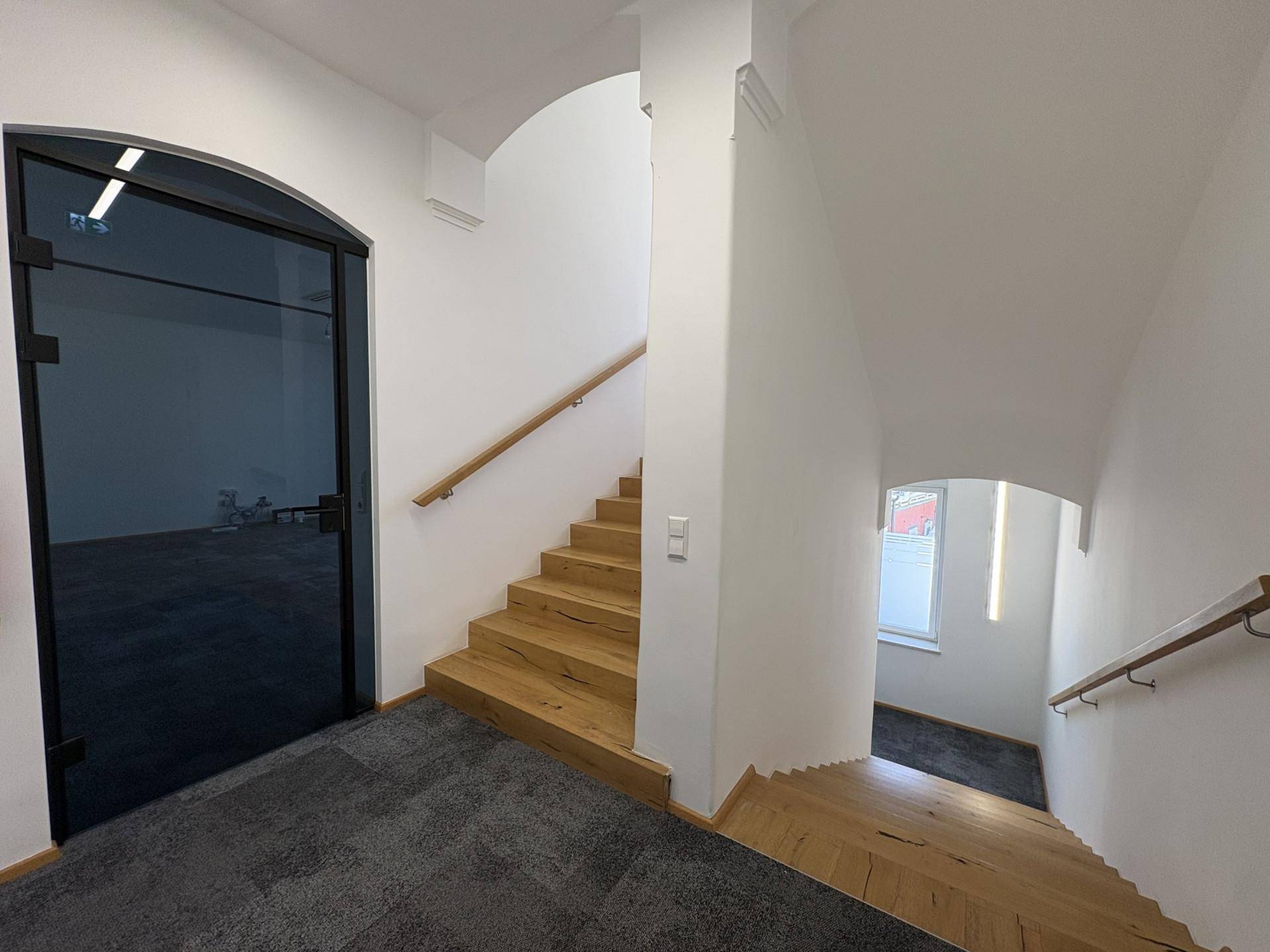 Modernes Treppenhaus mit Holzstufen, Handläufen und grauem Teppichboden, neben einer dunklen Glastür.