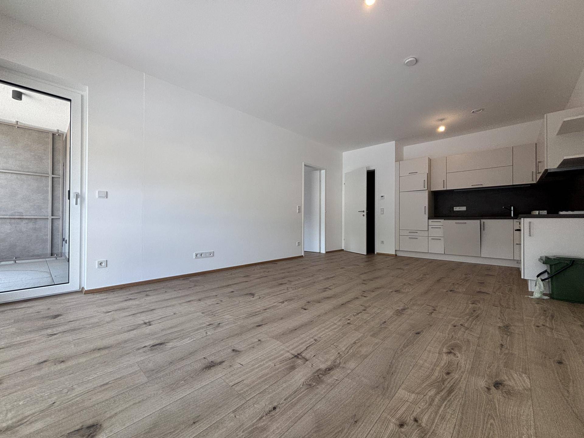 Offener Wohnbereich mit integrierter Küche und Zugang zu einem Balkon.