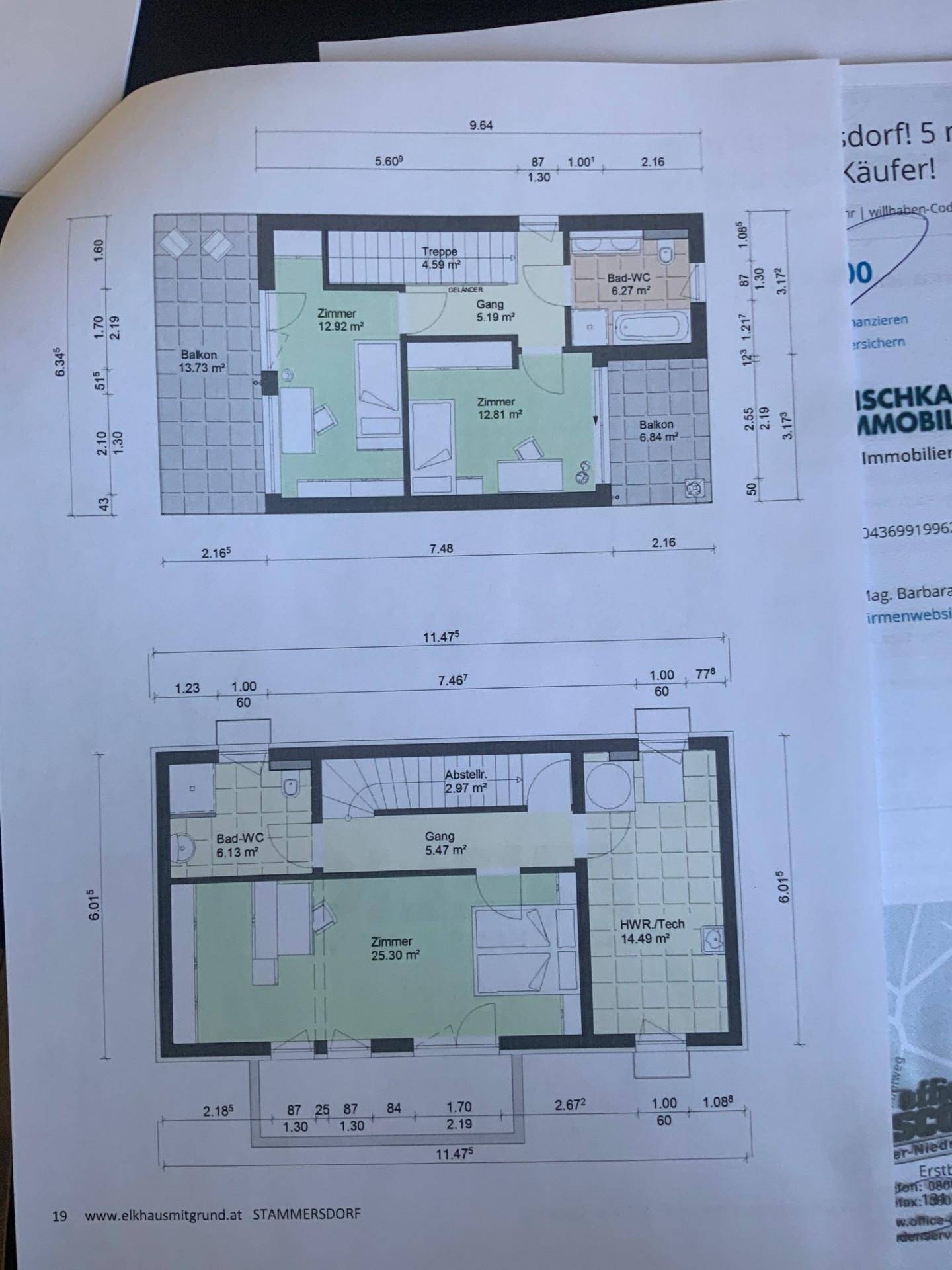 Grundriss der oberen Etagen mit Schlafzimmern, Bädern, Balkonen und Technikraum für das Haus.