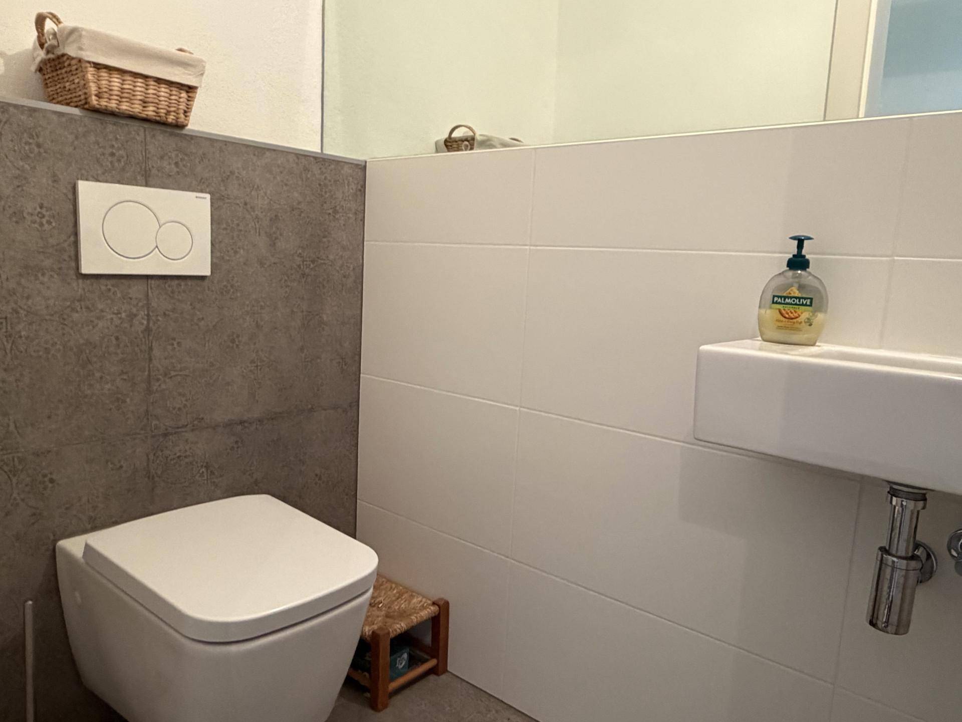 Modernes Gäste-WC mit wandhängendem WC, kleinem Waschbecken und Spiegel, in schlichtem Design.