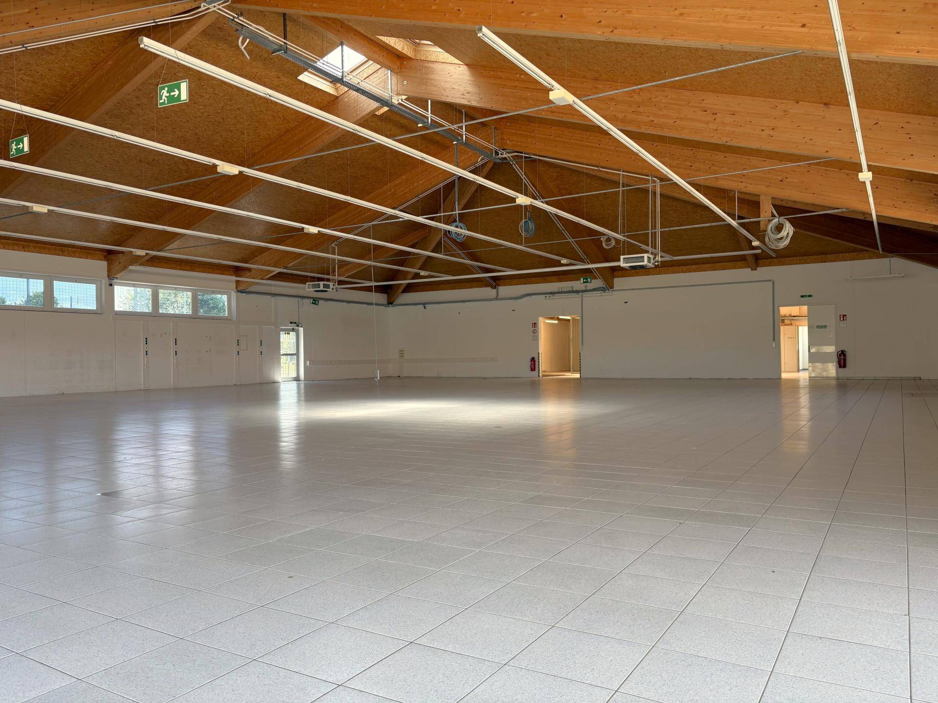 Weitläufiger Gewerberaum mit Holzdachkonstruktion, Fliesenboden und mehreren Türen, gut beleuchtet.