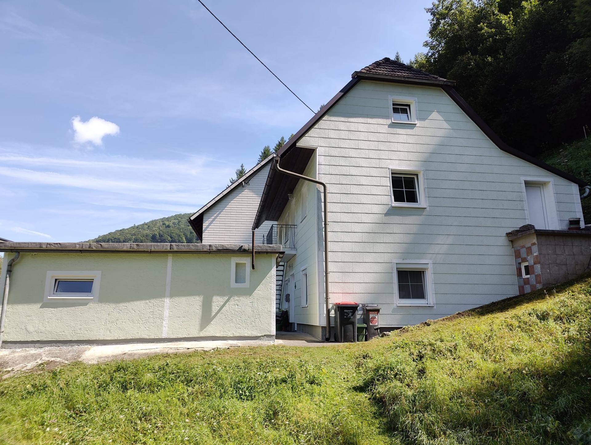 Seitenansicht des Hauses mit hellgrüner Fassade, Satteldach und umgebender grüner Landschaft unter blauem Himmel.