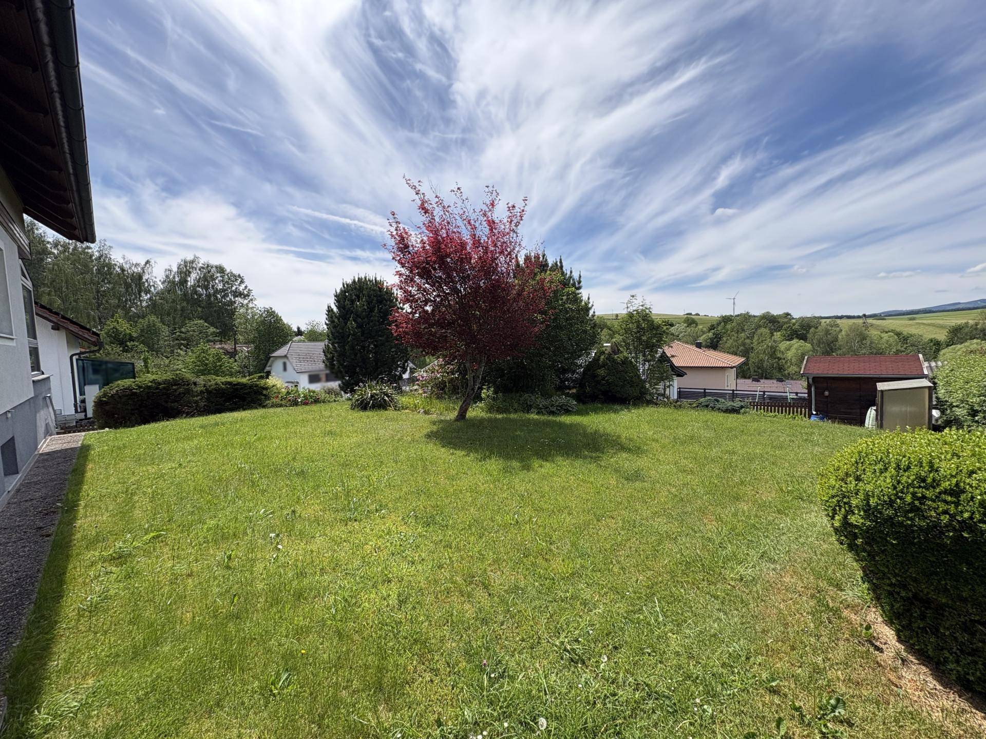 Weitläufige Rasenfläche im Garten mit einzelnen Bäumen und Blick in die Umgebung.