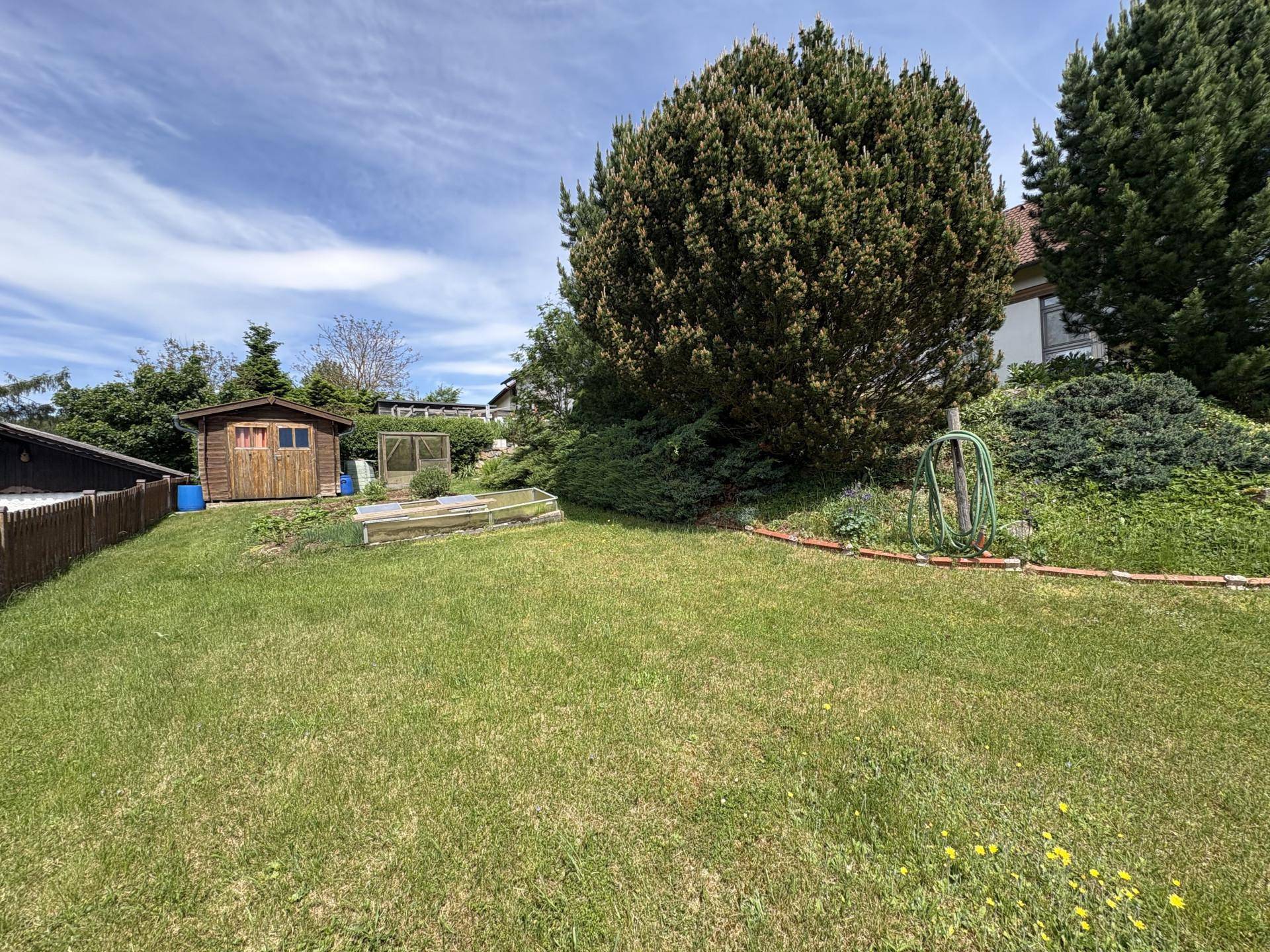Großer Garten mit Rasen, Sträuchern und einem praktischen Gartenschuppen.