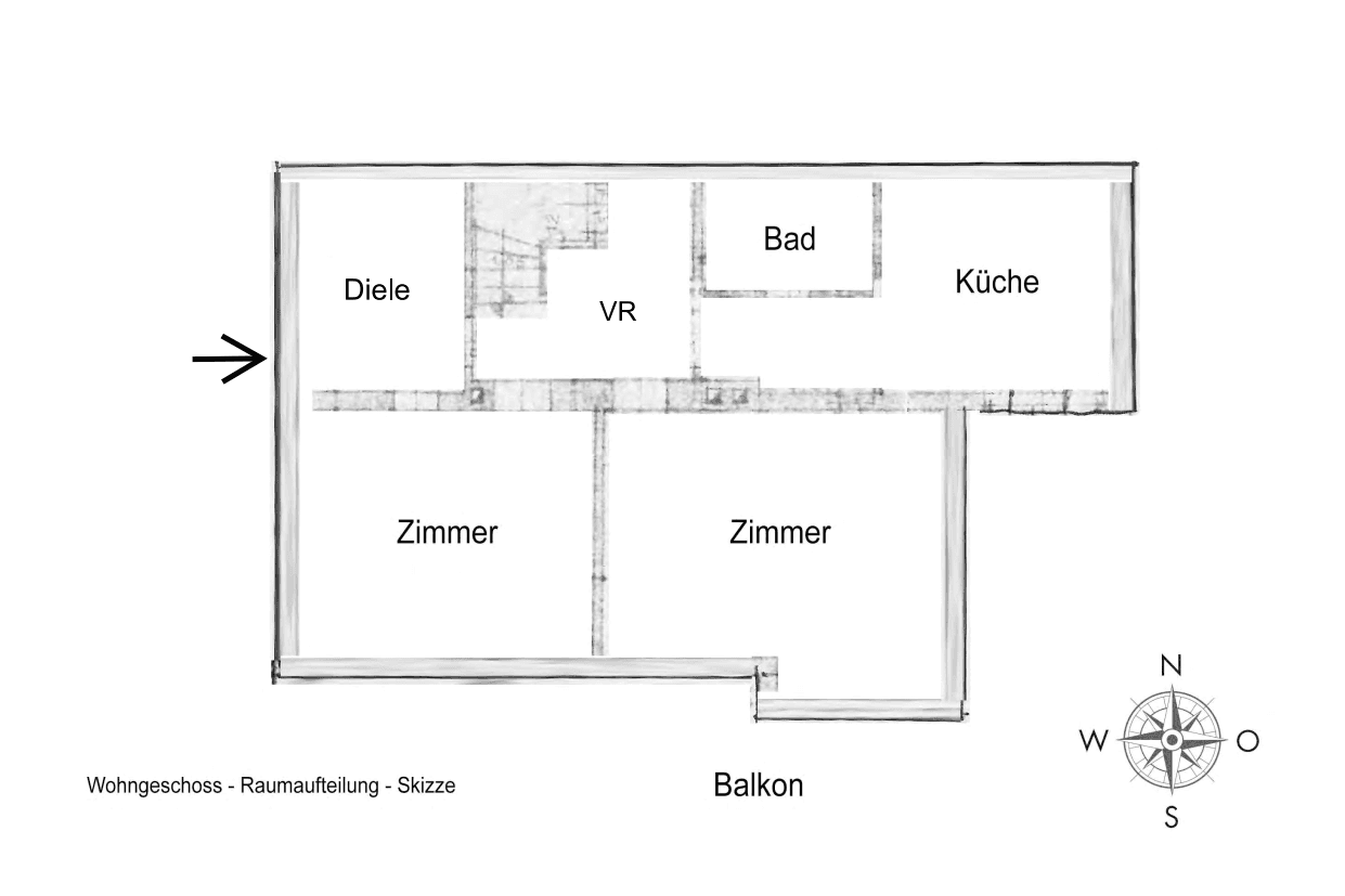 Grundriss des Wohngeschosses mit Diele, Bad, Küche und zwei Zimmern sowie Balkon.