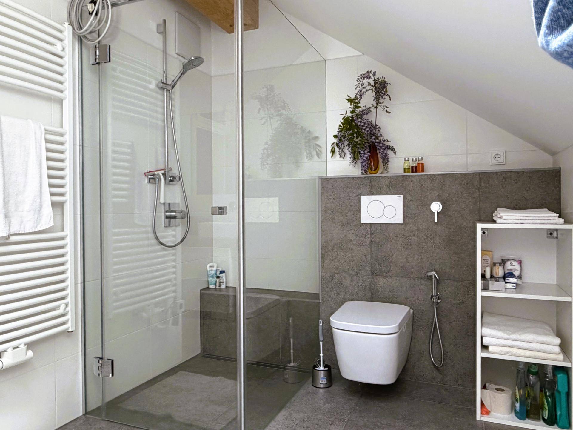Modernes Badezimmer im Dachgeschoss mit begehbarer Dusche, wandhängendem WC und beheiztem Handtuchhalter.