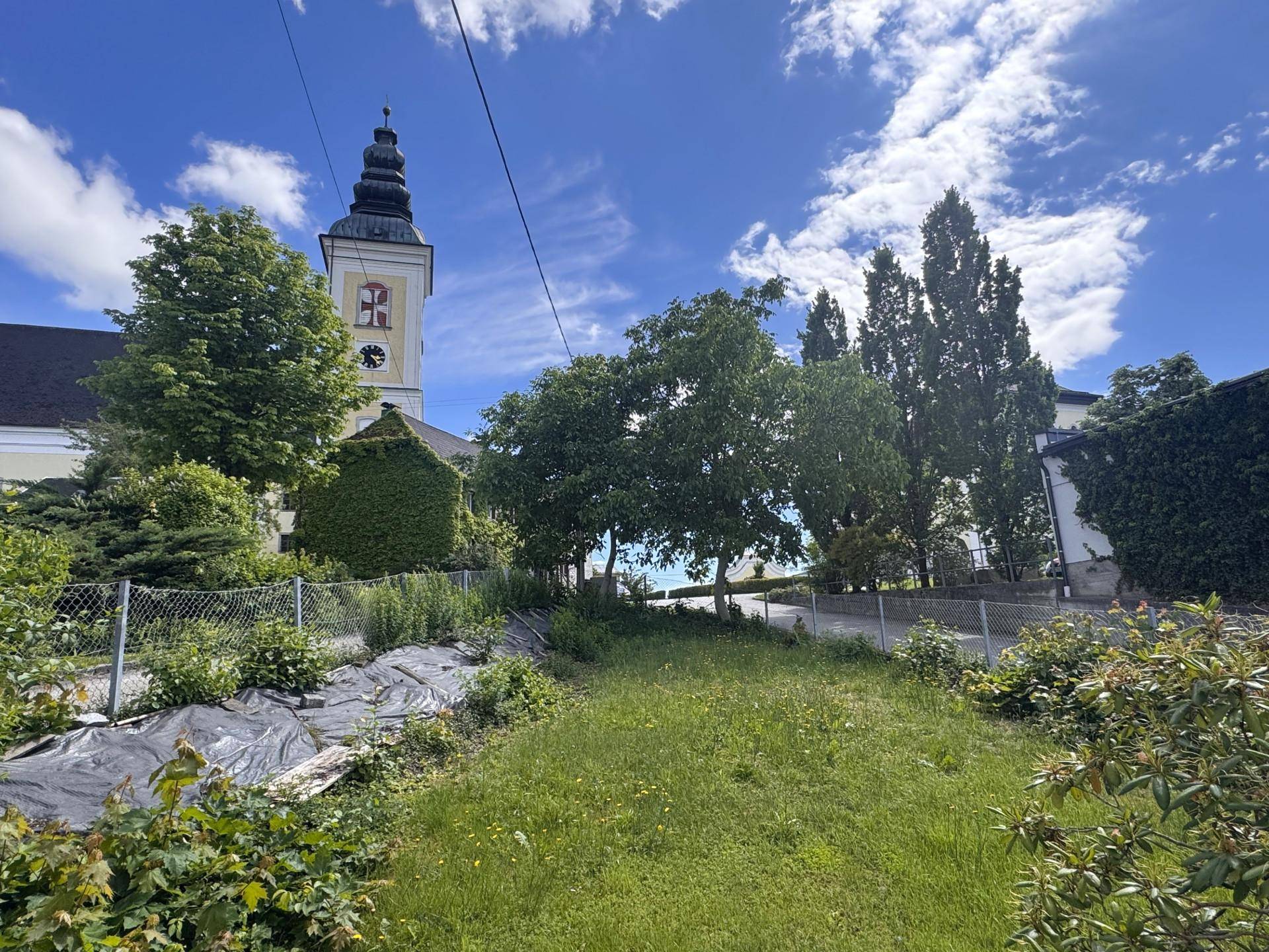 Grüner Gartenbereich mit Rasen und Bäumen, im Hintergrund ist ein historischer Kirchturm sichtbar.