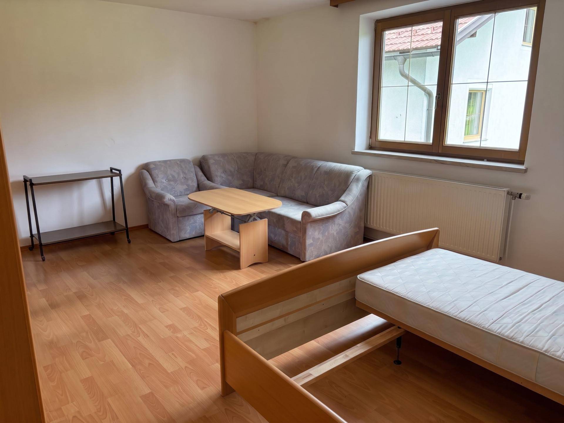 Geräumiger Wohnbereich mit Laminatboden, Sofa und einem Bettgestell, hell durch großes Fenster.