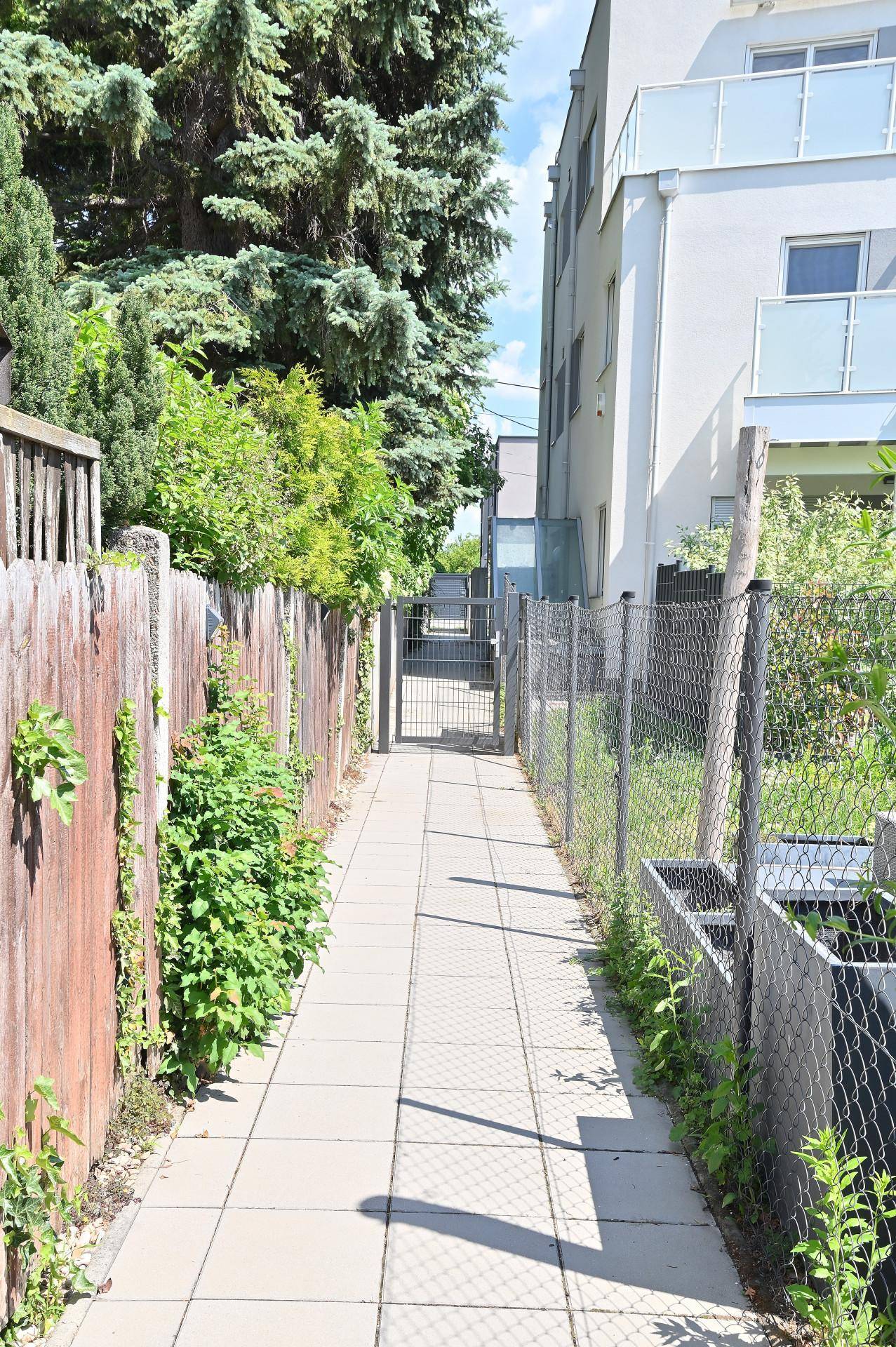 Schmaler gepflasterter Weg zwischen Zäunen, der zum hinteren Bereich des Grundstücks führt.