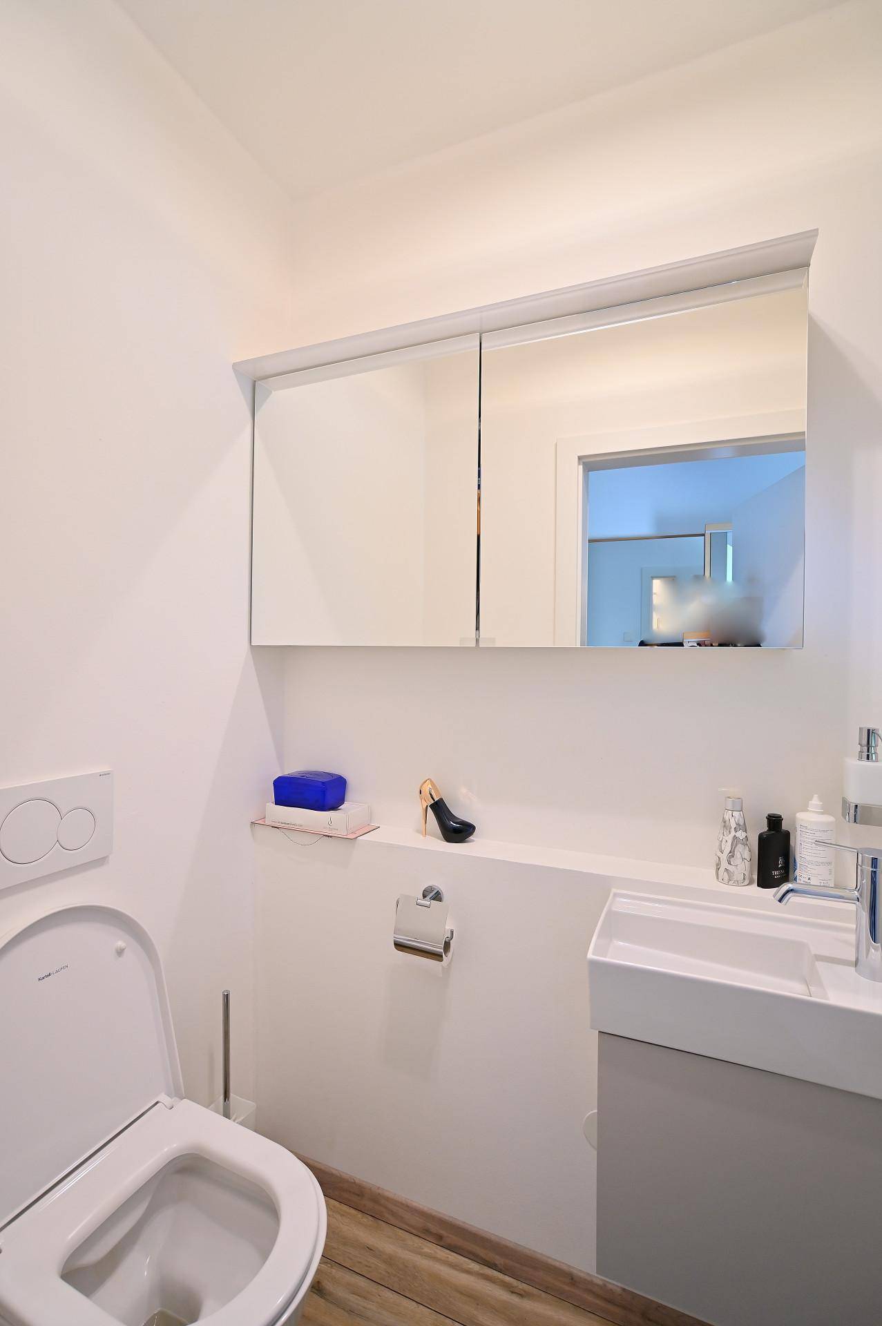 Modernes Gäste-WC mit wandhängendem WC, Waschbecken und Spiegelschrank über der Ablage.