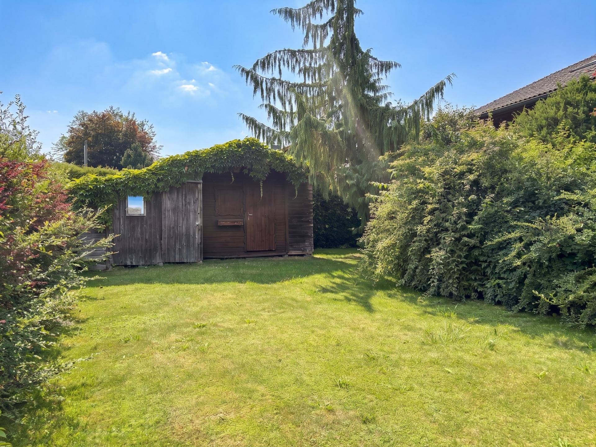 Großer Gartenbereich mit Rasen, Sträuchern und einem Holzschuppen, umgeben von viel Grün.