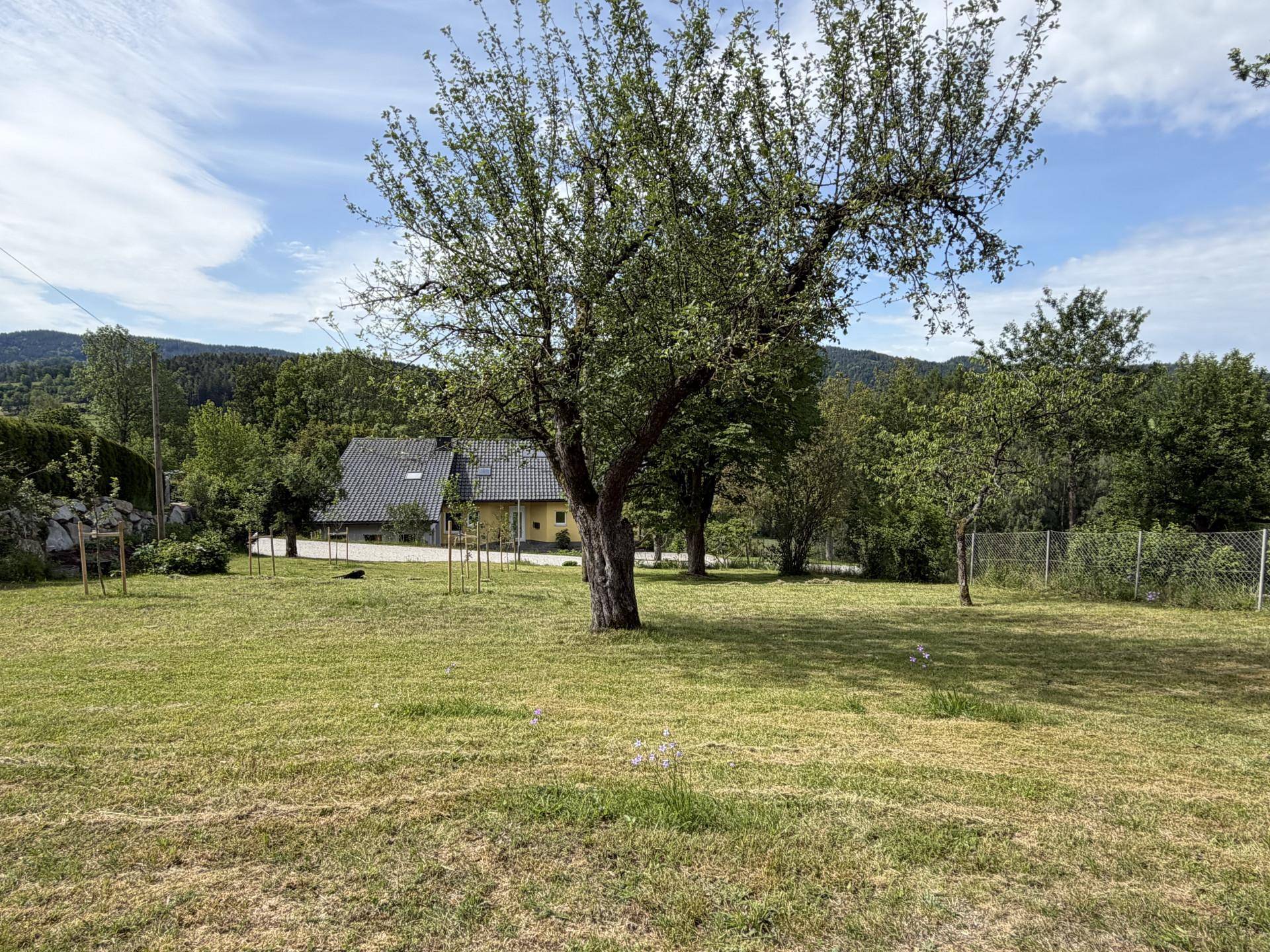 Großer, gepflegter Garten mit Obstbäumen und weitem Blick auf die umliegende Landschaft.