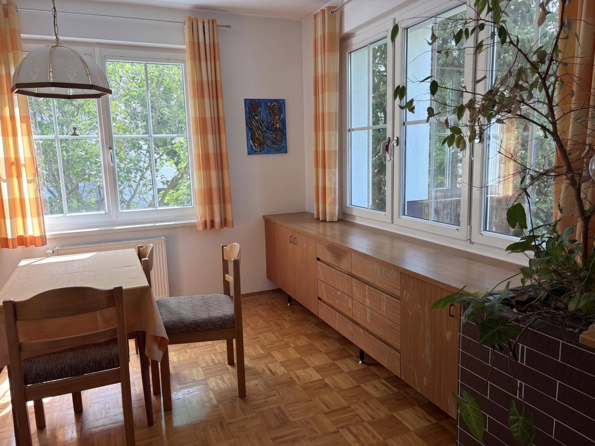 Heller Essbereich mit großen Fenstern, Holzmöbeln und Blick in den Garten.