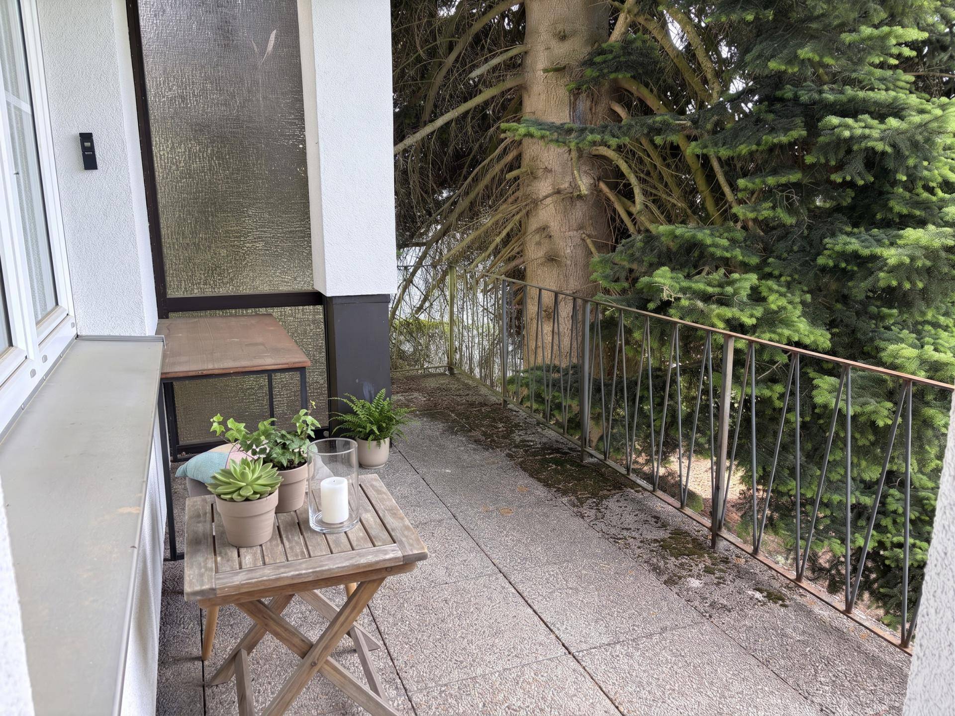 Kleiner Balkon mit Holztisch und Pflanzen, umgeben von hohen Bäumen.