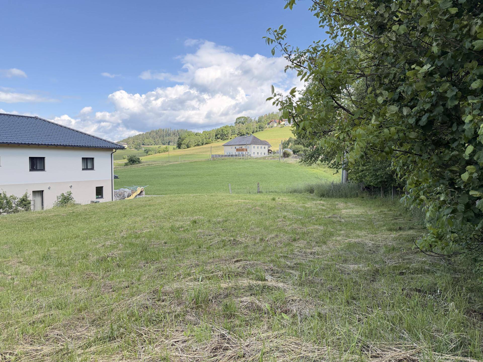 Grüne Landschaft mit einem modernen Haus im Vordergrund und sanften Hügeln dahinter unter blauem Himmel.