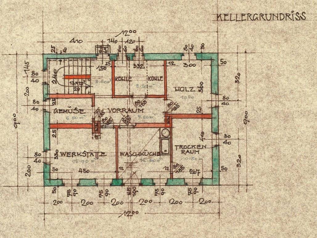 Grundriss des Kellers mit Werkstatt, Waschküche, Trockenraum und Lagerräumen.