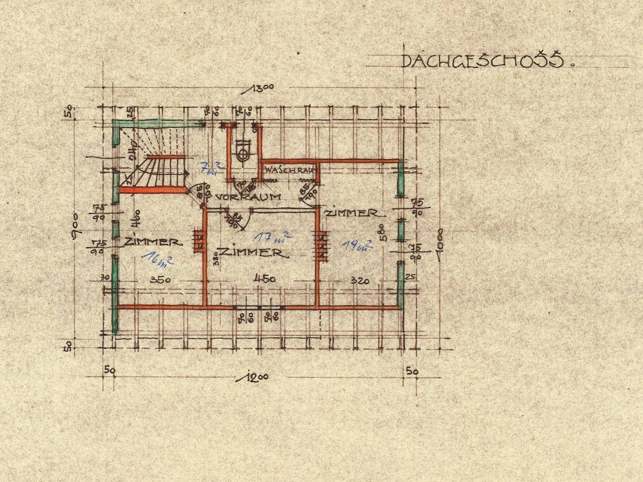 Grundriss des Dachgeschosses mit drei Zimmern, Vorraum und Waschraum.