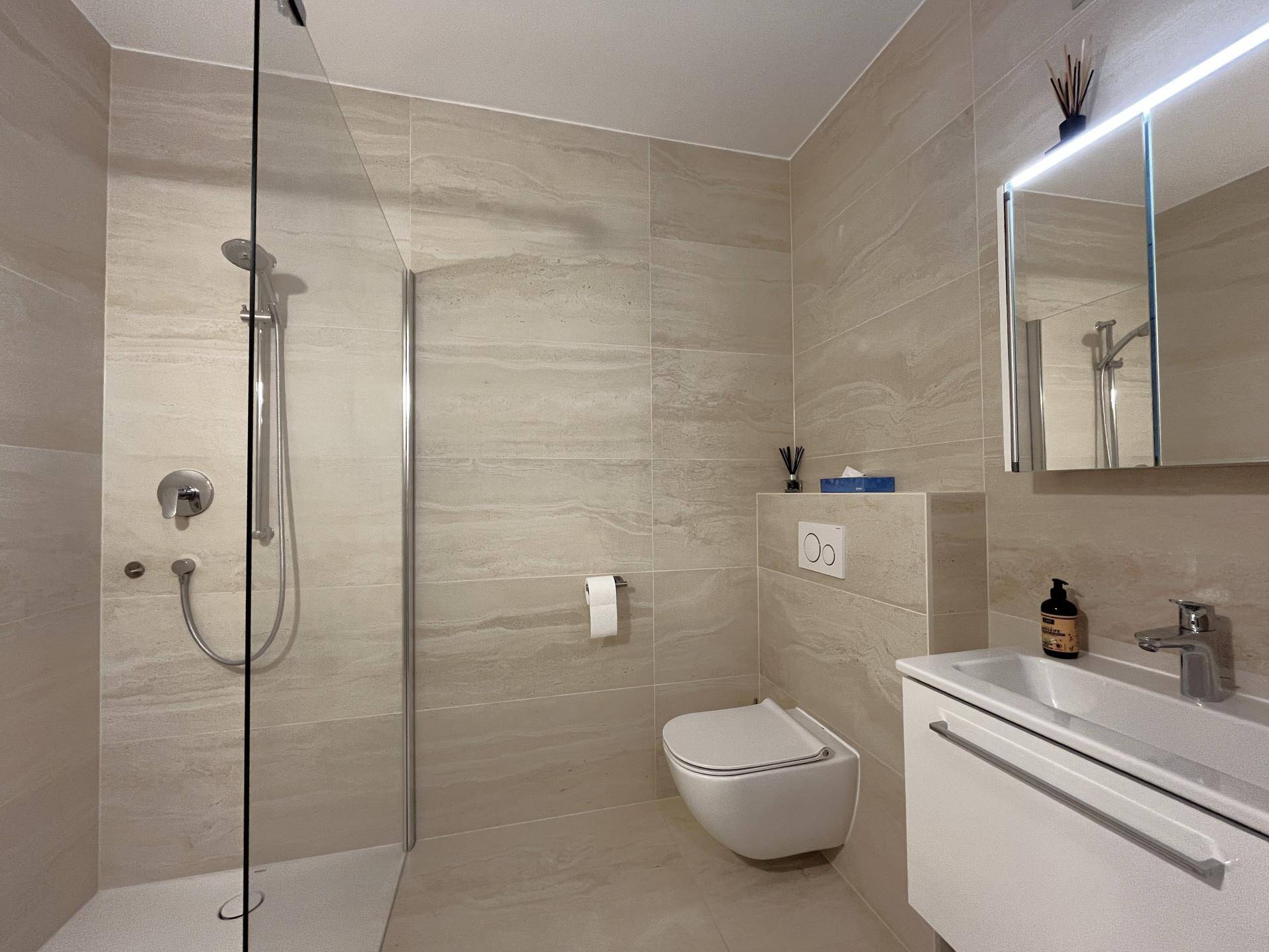 Modernes Badezimmer mit ebenerdiger Dusche, WC, Waschbecken und Spiegelschrank.