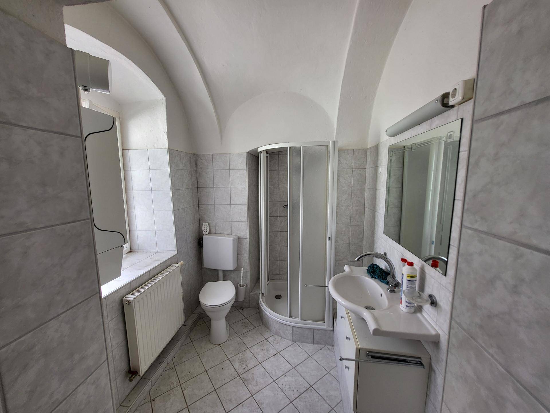 Badezimmer mit Fliesenboden, Duschkabine, WC und Waschbecken unter einem Gewölbedach.