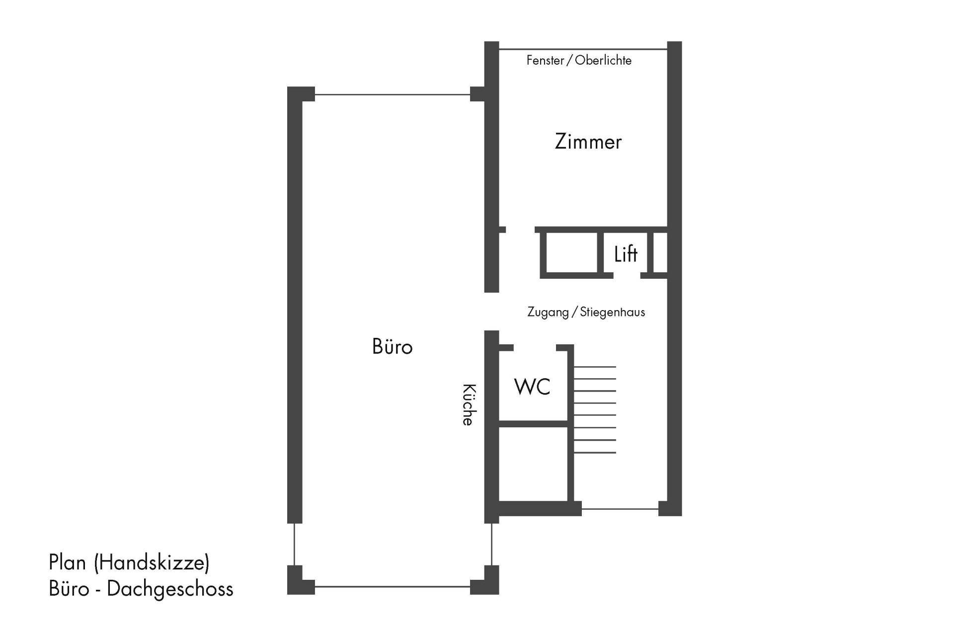 Grundriss zeigt ein Büro, ein Zimmer, eine Küche und ein WC, ergänzt durch einen Lift und ein Stiegenhaus.