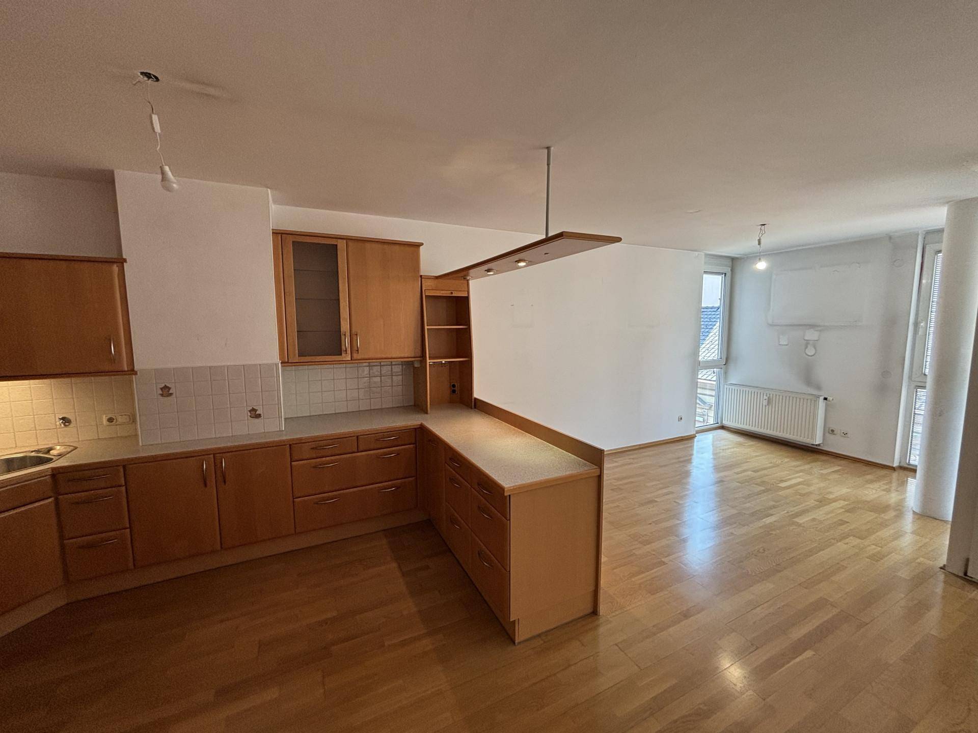 Offener Wohnbereich mit Holzboden und einer funktionalen Einbauküche, die sich nahtlos in den Raum einfügt.